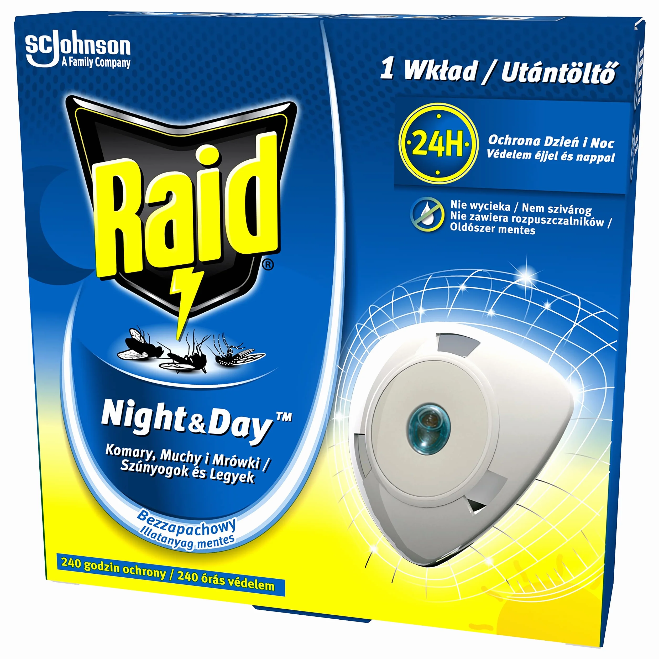 Raid Night & Day Przeciw Muchom, Komarom i Mrówkom, Wkład z Płynem Owadobójczym do Elektrofumigatora, Bezzapachowy, aż do 240 Godzin Ochrony