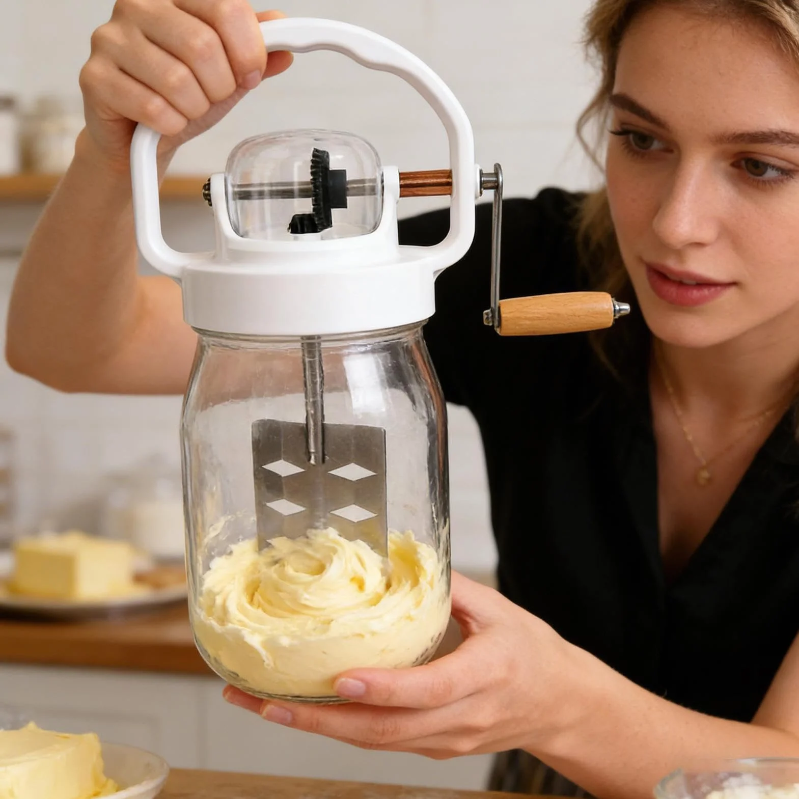 Masło masło - 1500 ml narzędzie do mieszania masła ze szklanym słoikiem i trzepaczką - w zestawie z mikserem do jajek i szklaną butelką - do pieczenia, gotowania, dżemów, sosów