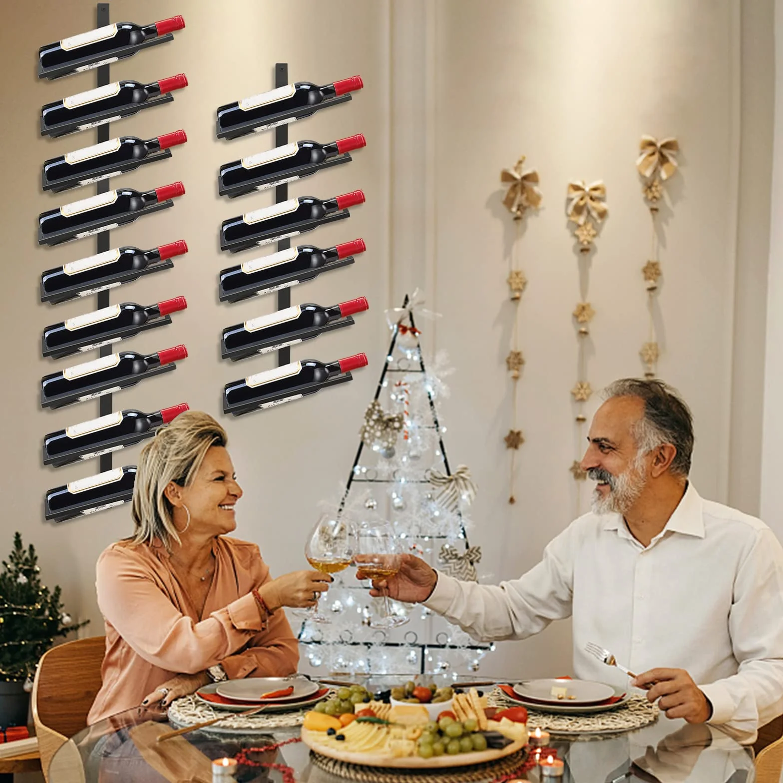 Regał Ścienny na Wino, 12 Butelek, Metalowy, Wiszący, Montaż Ścienny, do Przechowywania Butelek, do Kuchni, Jadalni, Baru (Nachylenie 12)
