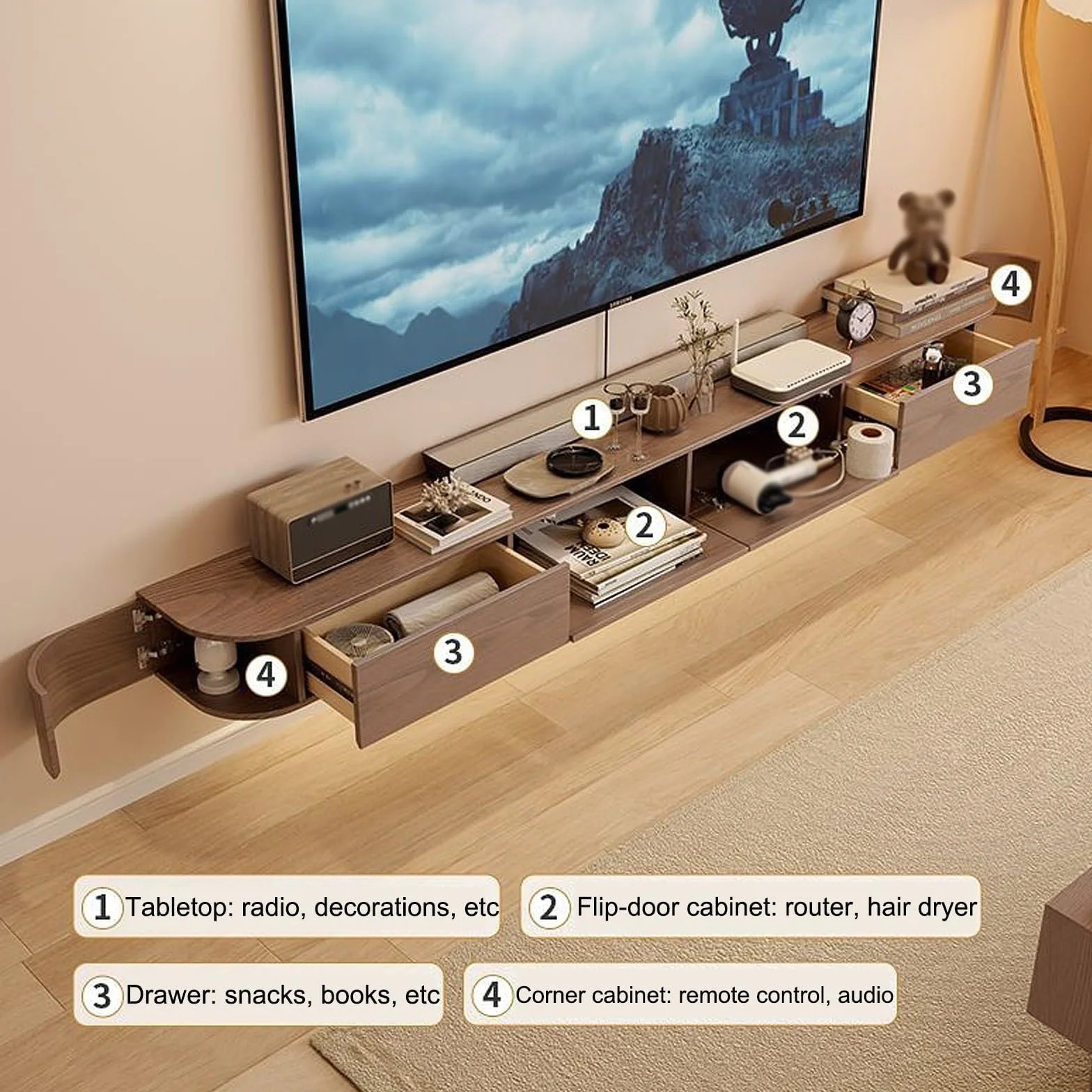 Generisch Wisząca podstawka pod telewizor LED, montowana na ścianie konsola medialna, lite drewno z 2 szufladami, duża przestrzeń do przechowywania do salonu, nowoczesny design (czarny, 200 cm)