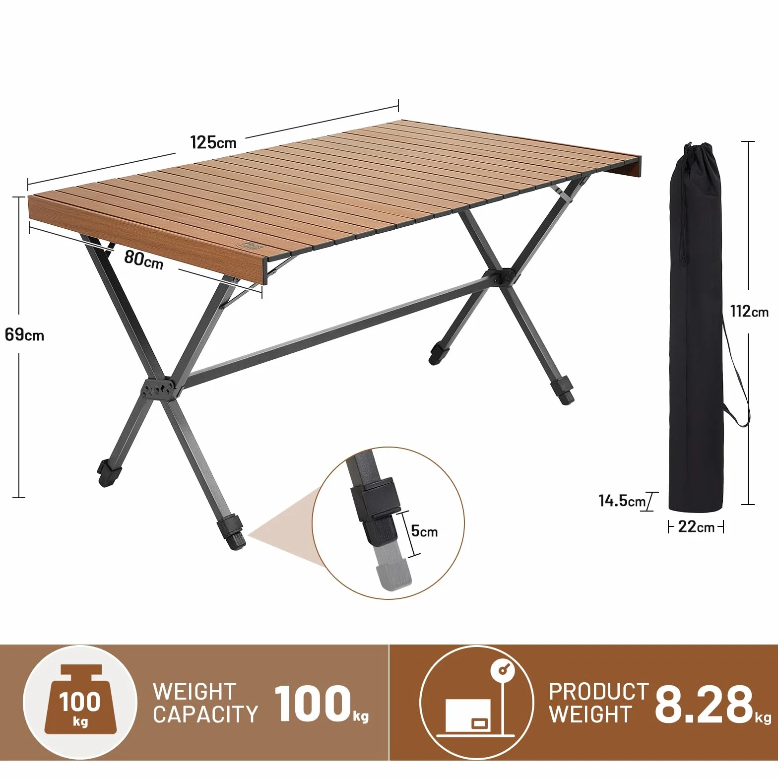 TIMBER RIDGE Składany stół kempingowy, 125 x 80 cm, z regulacją wysokości, XXL, na kemping, wielofunkcyjny stół ogrodowy, przenośny, 6 osób, na piknik, do gotowania, ogrodu, wędrówek, podróży
