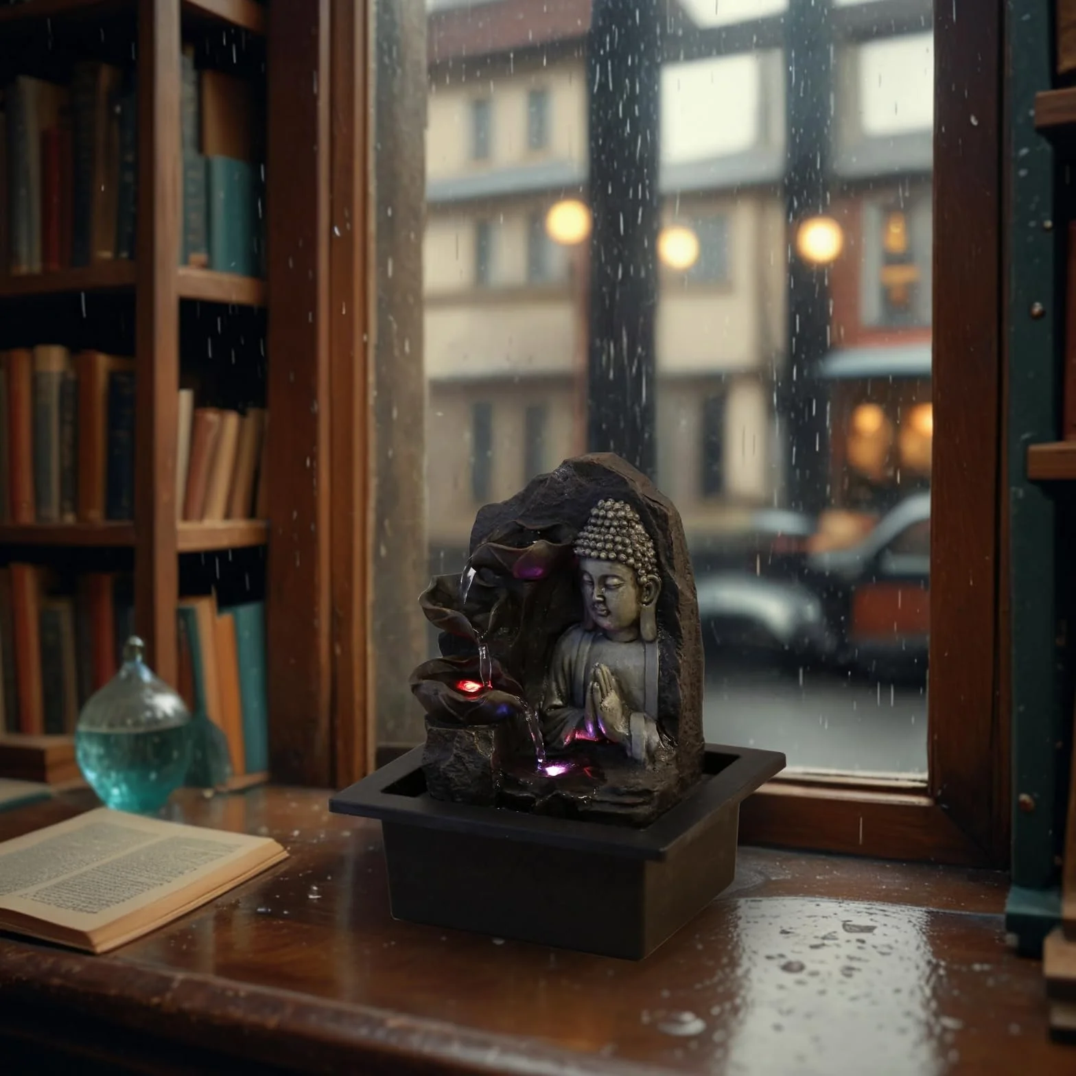 Fontanna wewnętrzna Wodospad Budda Lotos Kolorowe światło LED, dekoracja wnętrz Feng Shui, pomysł na prezent Zen Mind, z dostarczoną cichą pompą, duchowość Zen'Light, 21 x 21 x 26 cm