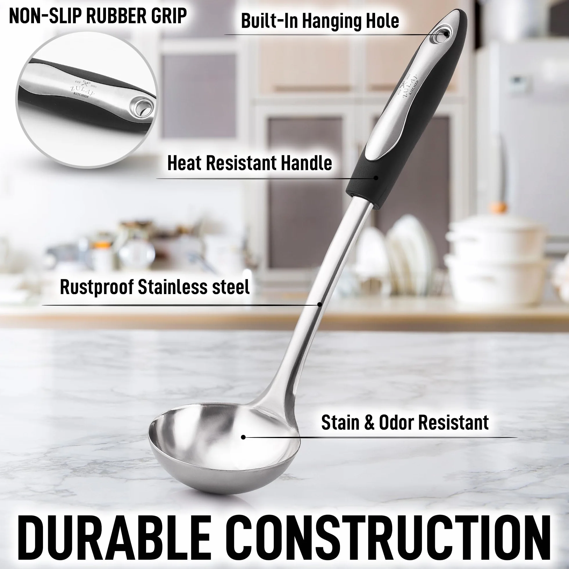 Zulay Kitchen Chochla do zupy ze stali nierdzewnej – idealna do serwowania gulaszu, chili i bulionu – 30 cm z silikonowym uchwytem