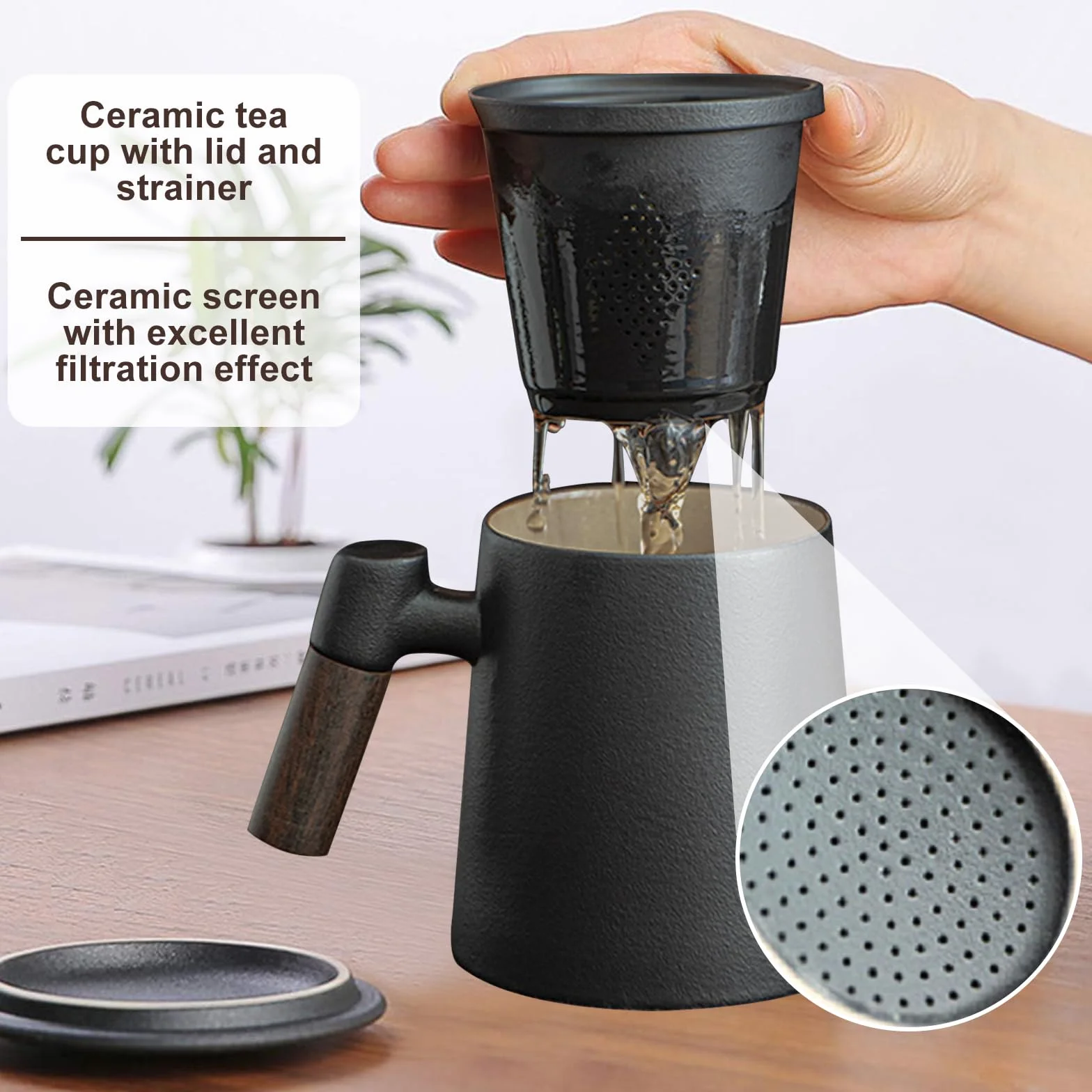 Qivine Ceramiczna filiżanka do herbaty z pokrywką i sitkiem, 400 ml, filiżanka do herbaty z drewnianym uchwytem, japońskie filiżanki do herbaty sypkiej, prezent dla miłośników herbaty (czarny)