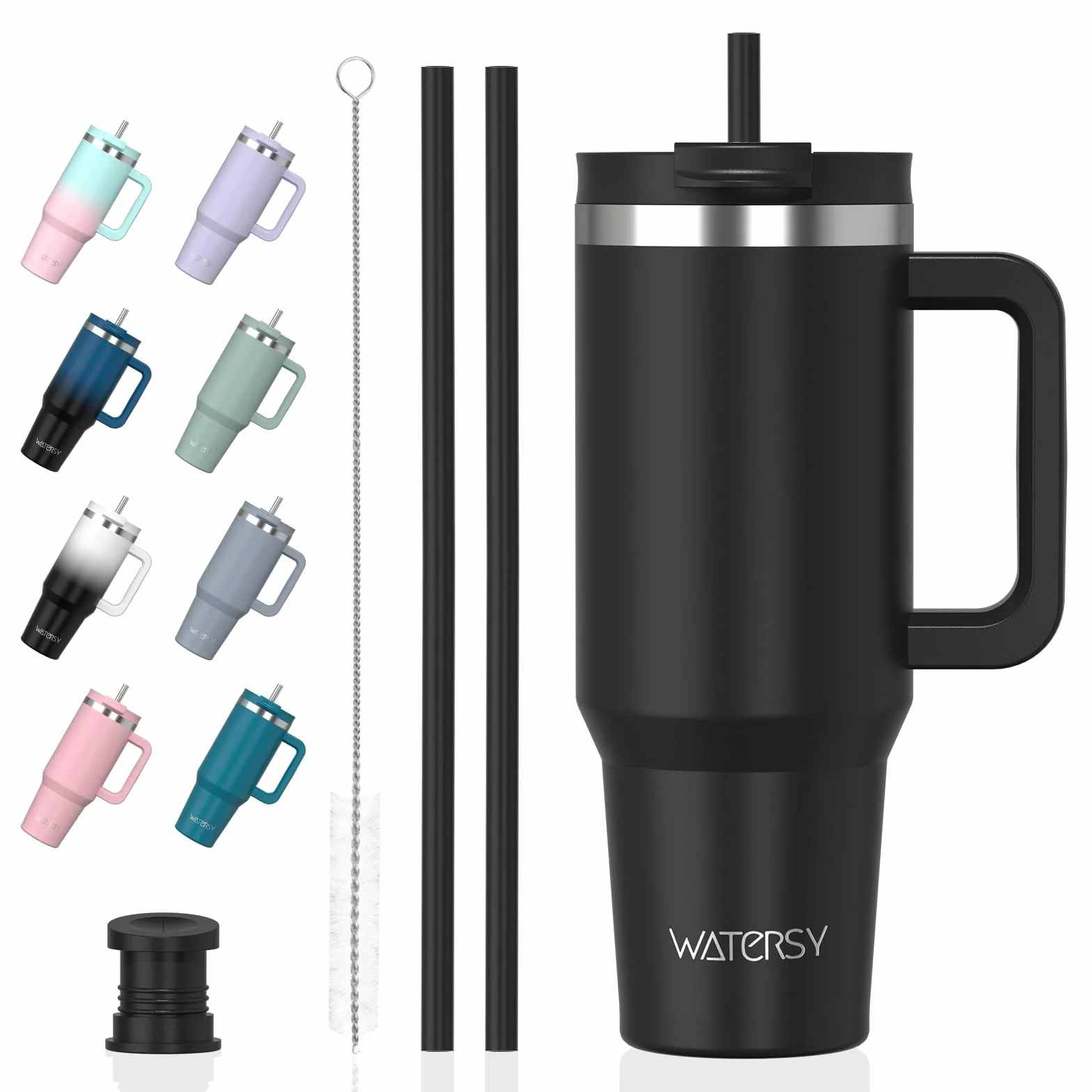 WATERSY Kubek podróżny 850 ml, kubek do kawy z 2 słomkami, pokrywka i uchwyt, stal nierdzewna, podwójna ścianka, izolowana próżniowo, butelka na wodę, termiczna do zimnej gorącej kawy, 891 ml, czarny