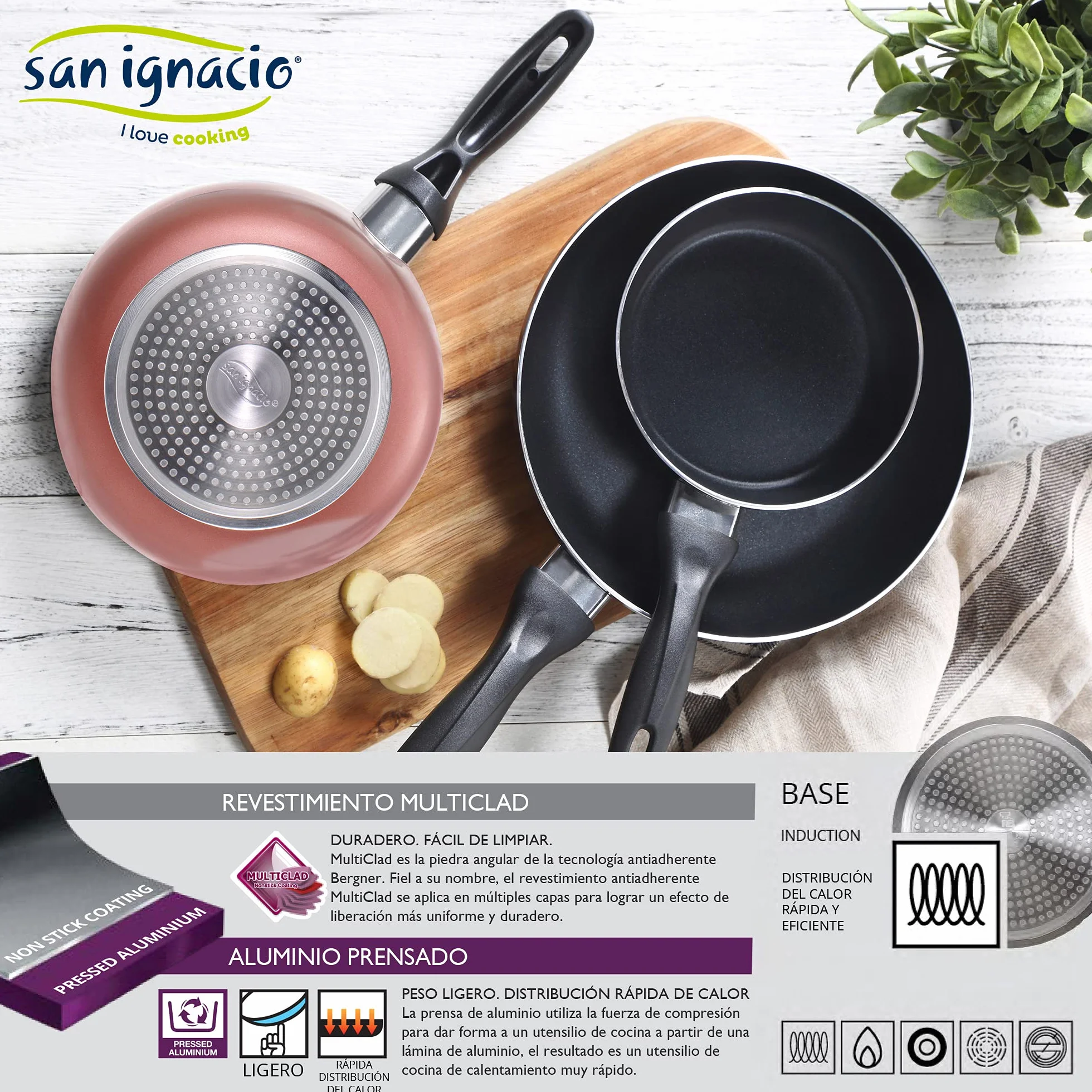 Bateria kuchenna 8 sztuk SAN IGNACIO Dina, stal nierdzewna, zestaw patelni (16/20/24 cm) SAN IGNACIO Paradise z tłoczonego aluminium