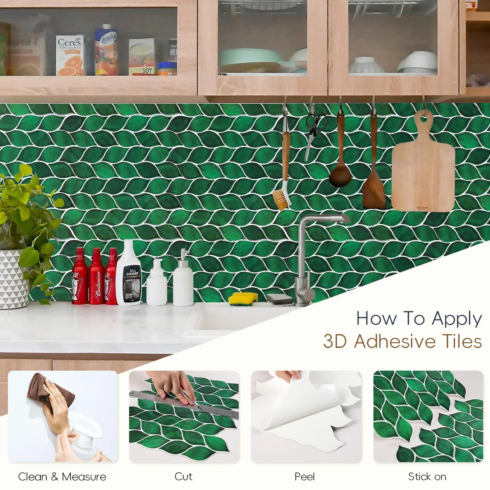 HOMEART Płytki backsplash odklej i przyklej, samoprzylepne płytki ścienne, 10 arkuszy zielony liść backsplash samoprzylepne płytki do kuchni i łazienki