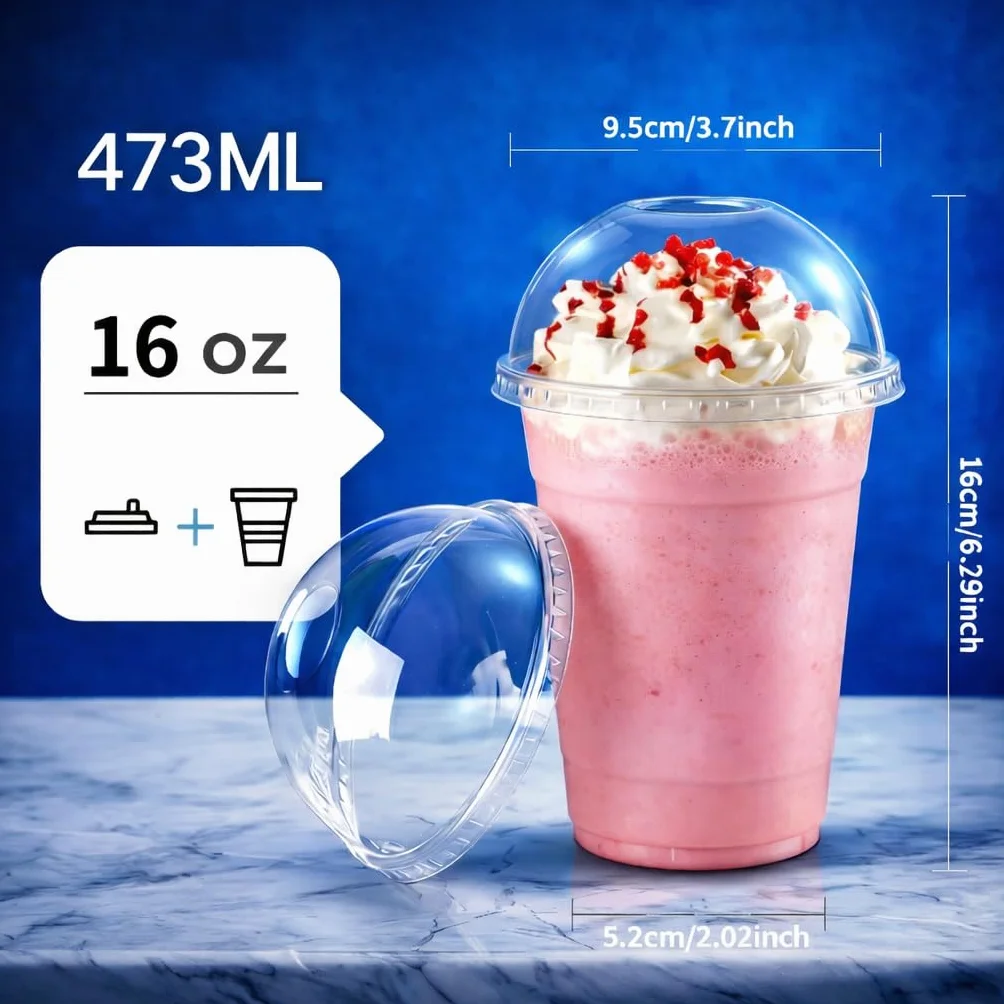 Przezroczyste kubki z pokrywką kopułkową - zestaw 10, 20, 50, 100, 200, 800 - do koktajli mlecznych, smoothie, herbata bąbelkowa, desery, 355 ml, 473 ml, 592 ml (800, 473 ml)