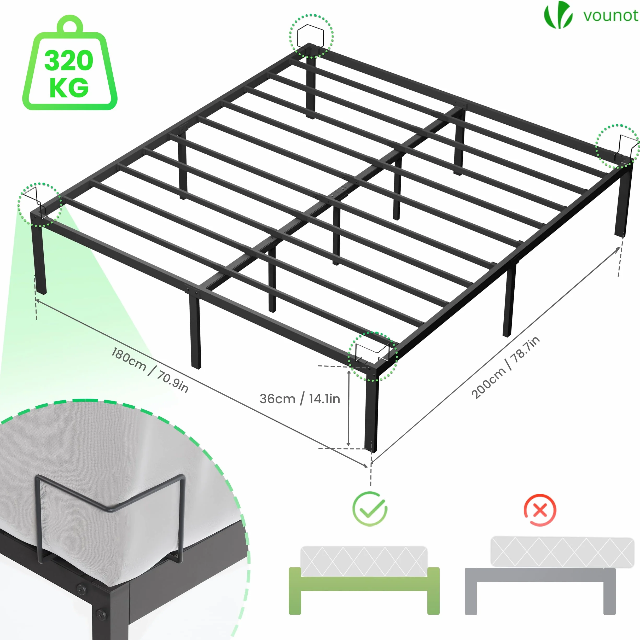 VOUNOT® Stelaż łóżka 180x200 cm z metalu z listwami i miejscem do przechowywania pod łóżkiem, rama łóżka do sypialni i pokoju gościnnego, cichy i solidny, wysokość 36 cm, czarny
