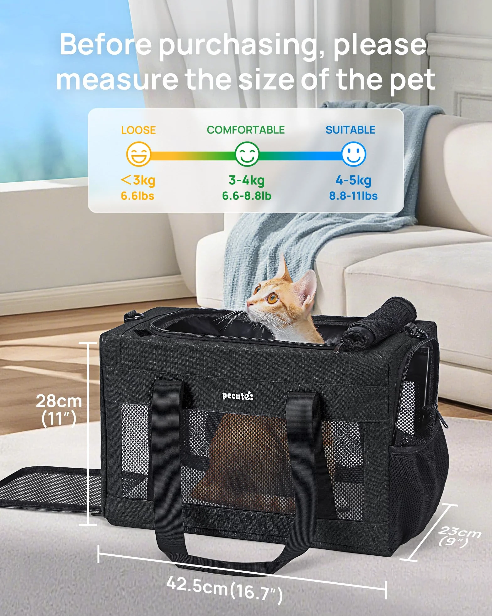 pecute® Nosidełko dla kota, przenośne nosidełko dla psa ze składaną miską, oddychająca torba z tkaniny siatkowej dla zwierząt domowych, ciemnoszara torba dla zwierząt domowych, odpowiednie zarówno na