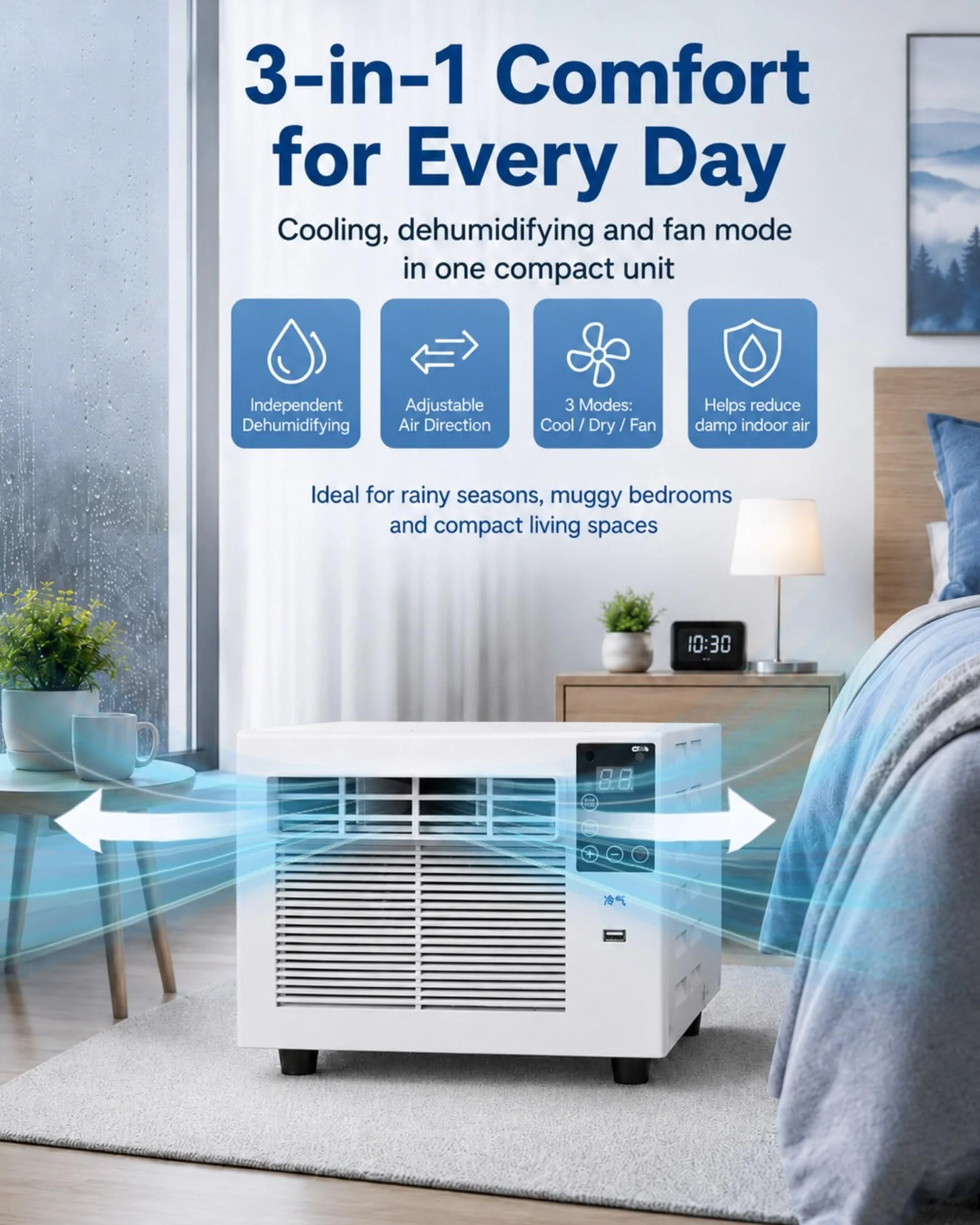 Mobilny klimatyzator 750 W na 4 m² z wężem wylotowym, do sypialni, biura, mieszkania studenckiego | 24-35 dB, timer 1-12 h, pilot zdalnego sterowania, chłodzenie i wietrzenie