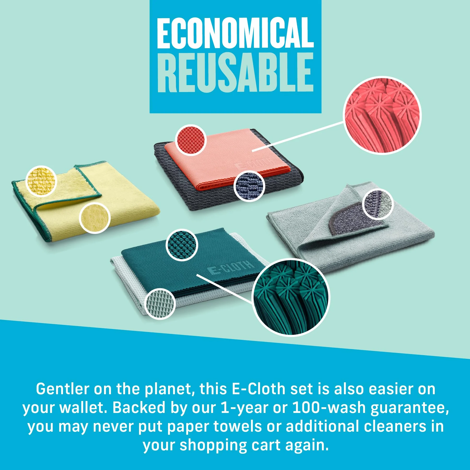 E-Cloth 6-pc Home Cleaning Essentials, Contains Multiple Microfiber Cleaning Cloths for a Streak-Free Clean Glass, Window, Kitchen, Dust, Granite, and Marble, 100 Wash Promise