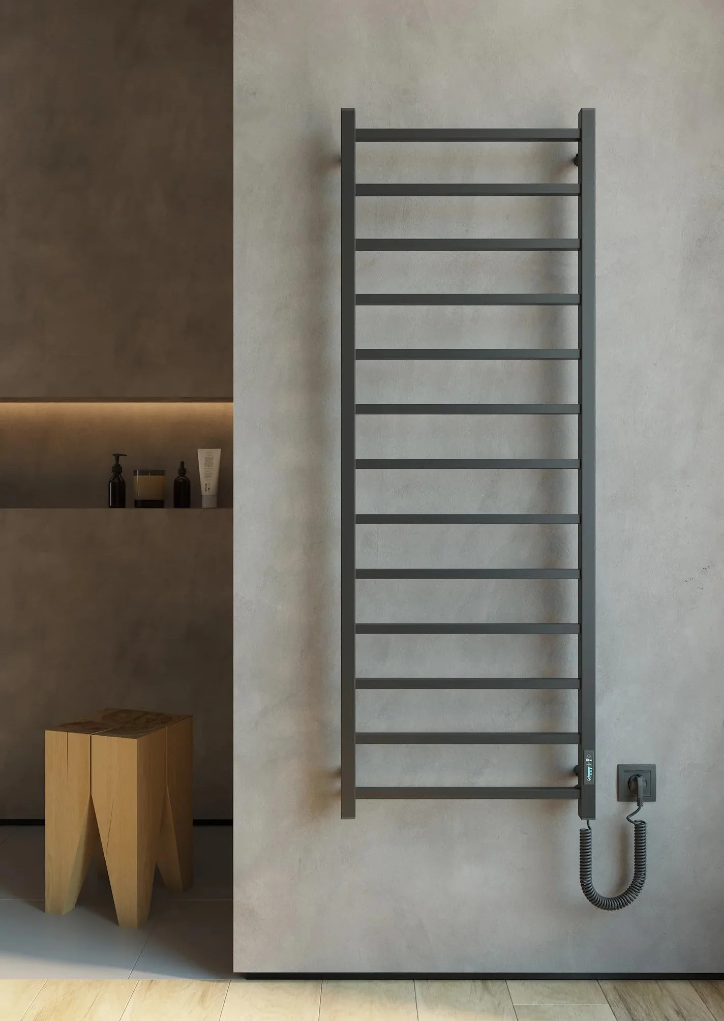 Elna Design grzejnik na ręczniki, czarny, 288 W, 1470 x 530 mm, elektryczny z timerem i termostatem, matowe wzornictwo, stal nierdzewna, IP44, do hotelu i luksusowej łazienki, montaż ścienny