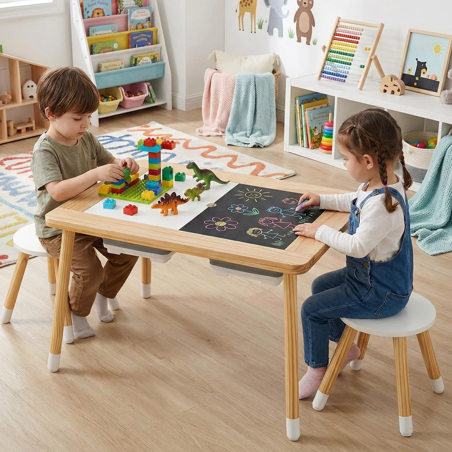 COSTWAY Stół do zabawy dla dzieci 6 w 1, stół sensoryczny z dwustronnym blatem i 2 składanymi pojemnikami, stół dziecięcy Montessori z 2 krzesłami, stół do wody i piasku dla dzieci od 3 lat (okrągły)