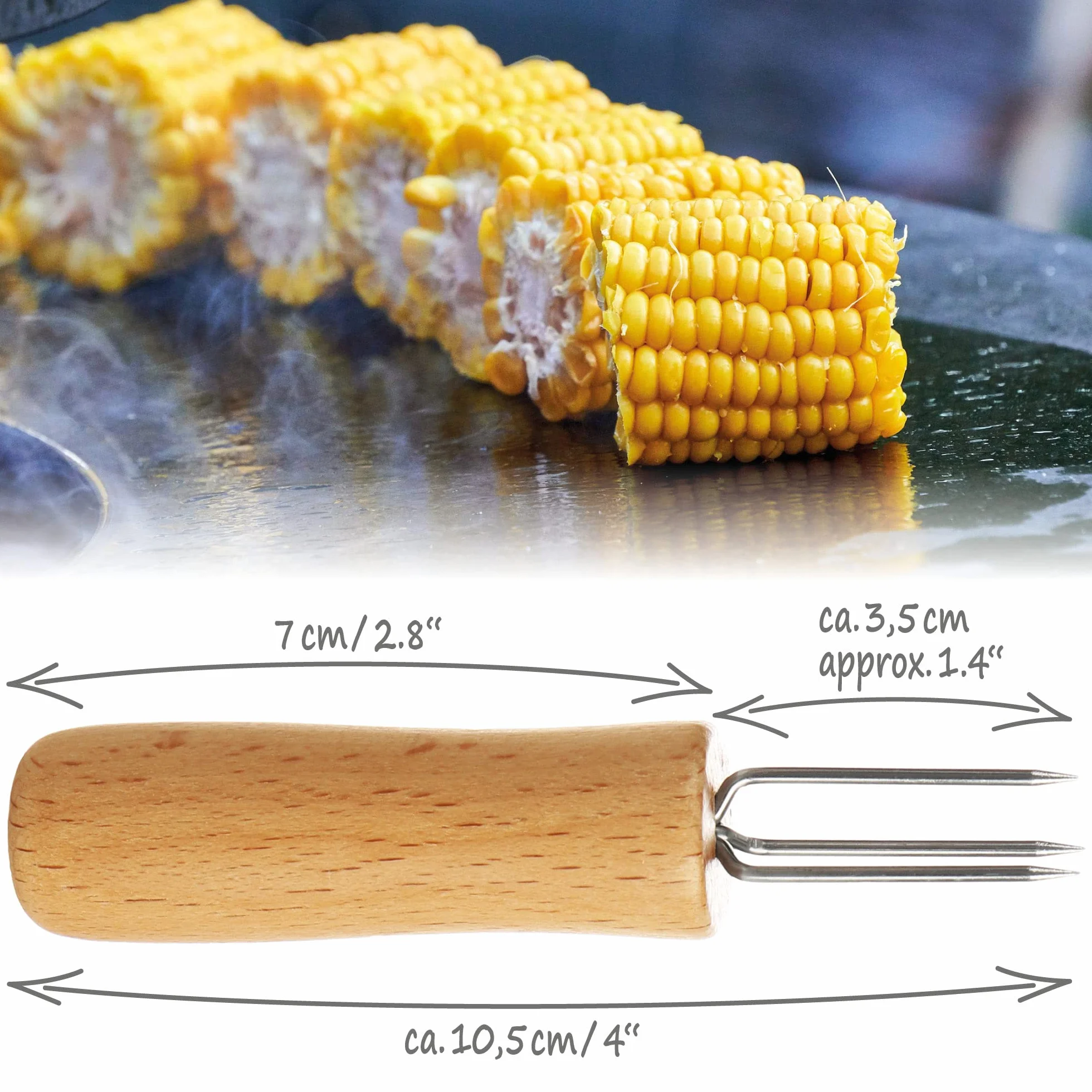 COM-FOUR® 8x widelec do kukurydzy z 3 zebami ze stali nierdzewnej, nierdzewny - szaszlyki kukurydziane wielokrotnego uzytku - pomoc w obieraniu ziemniaków w mundurkach (08 sztuk - drewno)