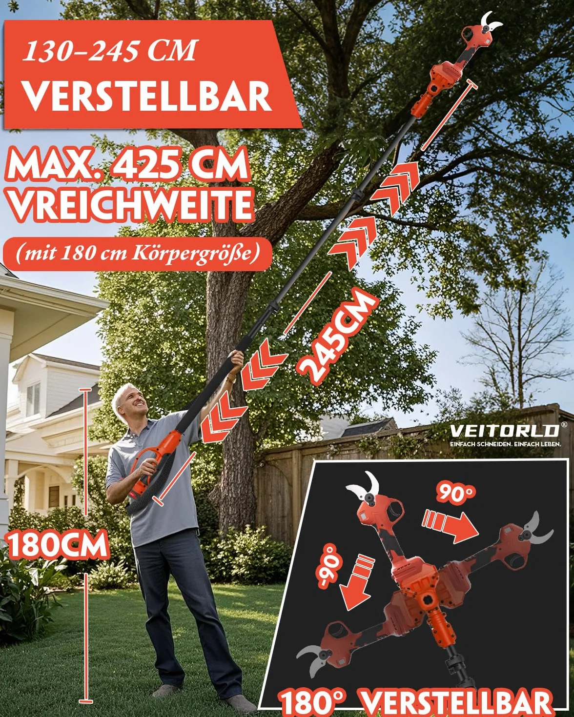 Veitorld Teleskopowe sekatory do gałęzi, akumulator 40 mm, sekator z odpinanym drążkiem teleskopowym (130-245 cm), bezszczotkowy silnik, nożyce dwupasowe 2000 mAh, do gałęzi, prezenty dla mężczyzn