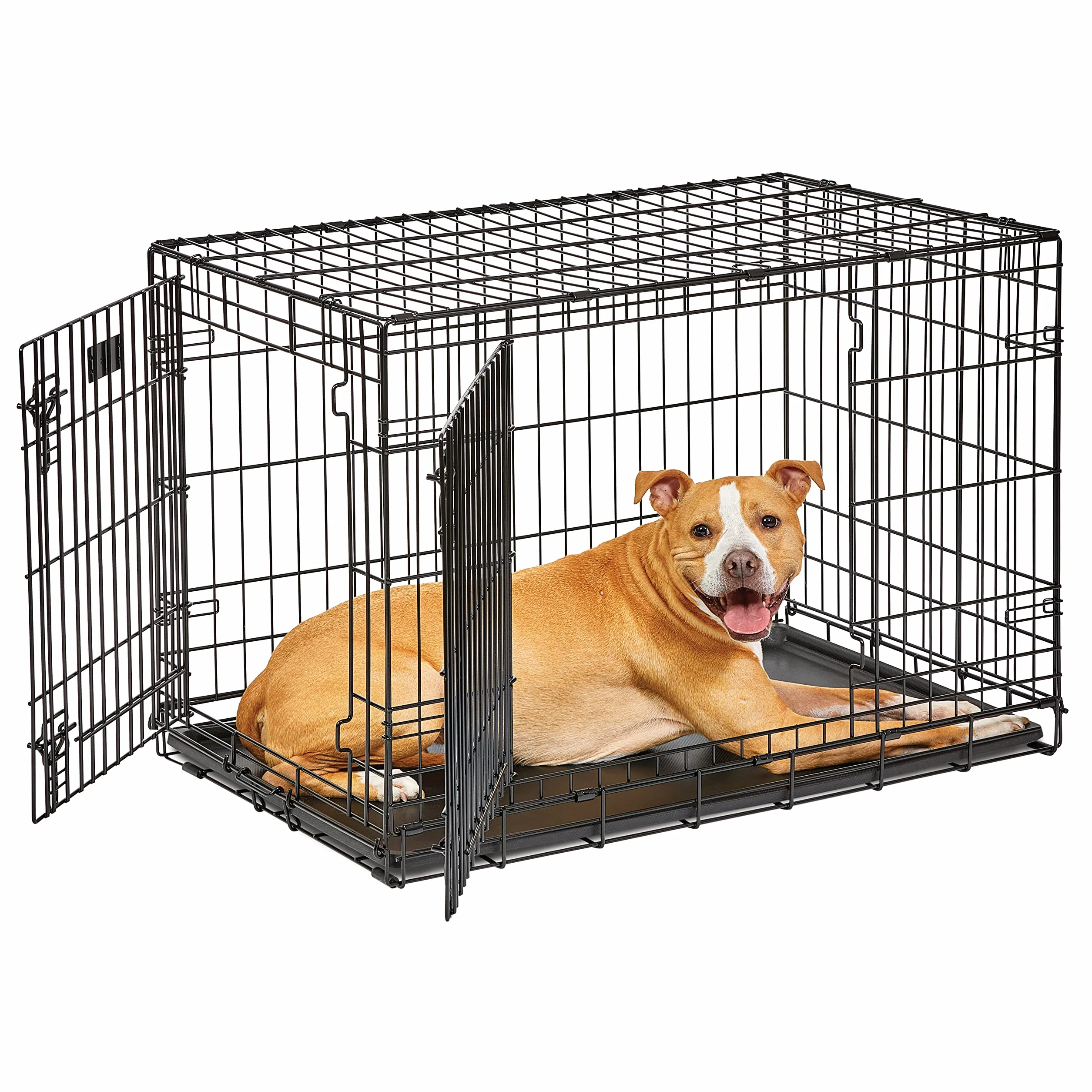 MidWest Homes for Pets Newly Enhanced Life Stages podwójne drzwi, średnia składana metalowa skrzynia dla psa z przegrodą, chroni podłogę, szczelna patelnia dla psa, z psem, czarna, 1636DDU