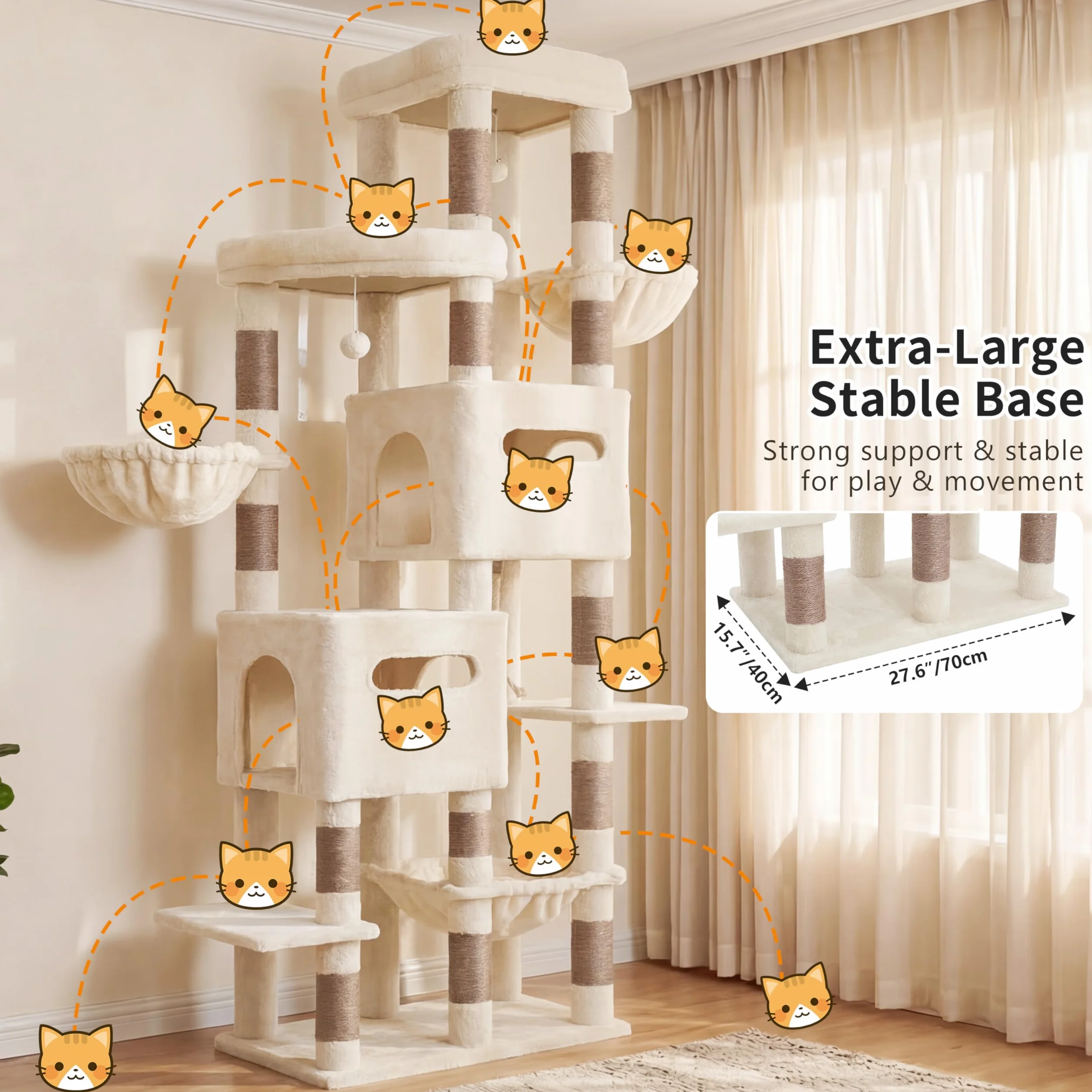Heybly Drapak Kotów 190 cm XXL Przestronna Wysoka Wieża dla Kotów Zaprojektowana dla Dużych Kotów z Przestronną Górną Platformą Odpoczynkową 2 Domkami Hamakiem i Słupami z Sisalu, Beżowy HCT062MJ