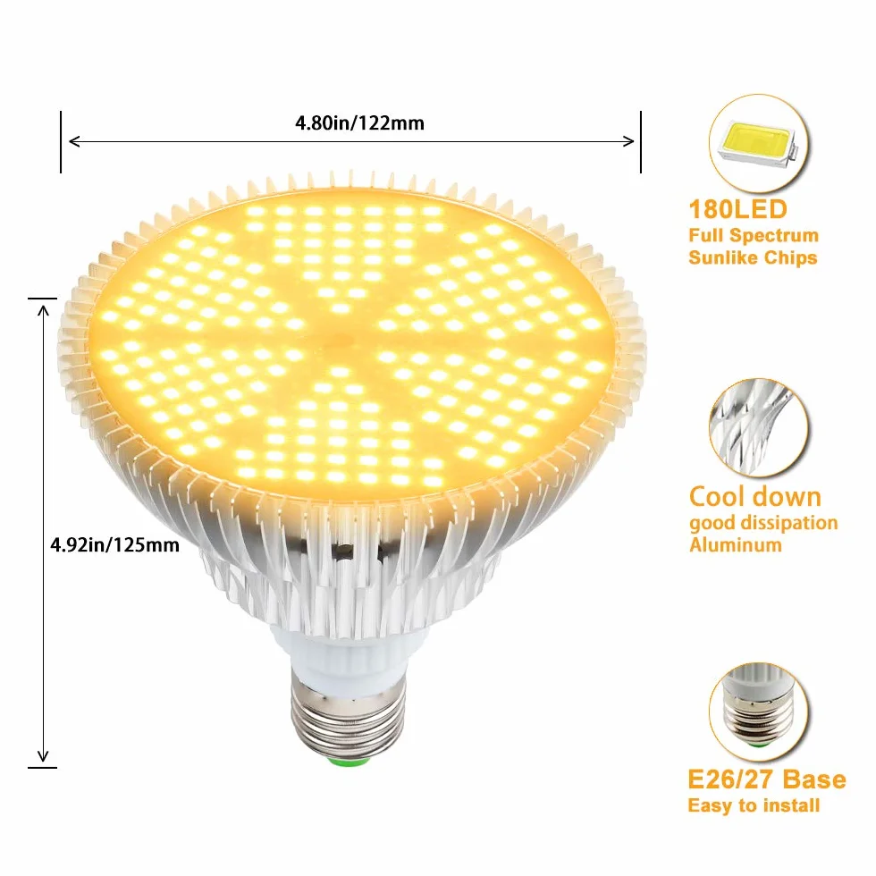 Lampa roślinna 120 W, 180LEDs lampa do uprawy, E27 światło roślin LED pełne spektrum, żarówka LED do wzrostu roślin wewnętrznych szklarni, kwitnienia i owocowania (2 sztuki)