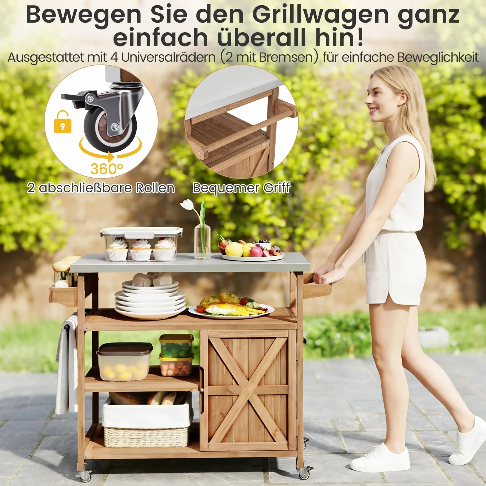 COSTWAY Wózek grillowy, wózek do serwowania na kółkach, wyspa kuchenna z blatem roboczym ze stali nierdzewnej, półki, regał na przyprawy, szafa i wieszak na ręczniki, grill na kółkach, stół do