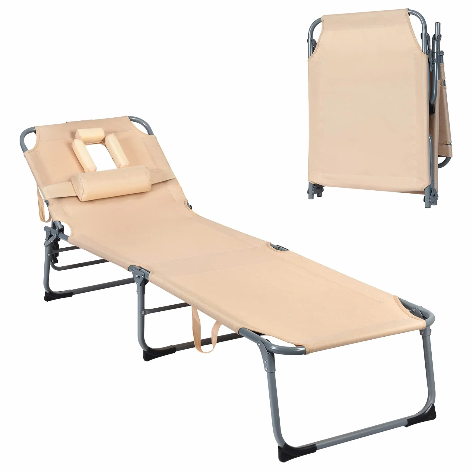 Giantex Składany leżak z otworem do czytania, leżak do kąpieli, ergonomia, zdejmowana, 5 regulowanych pozycji, leżak ogrodowy do ogrodu, na basen, taras (beżowy)