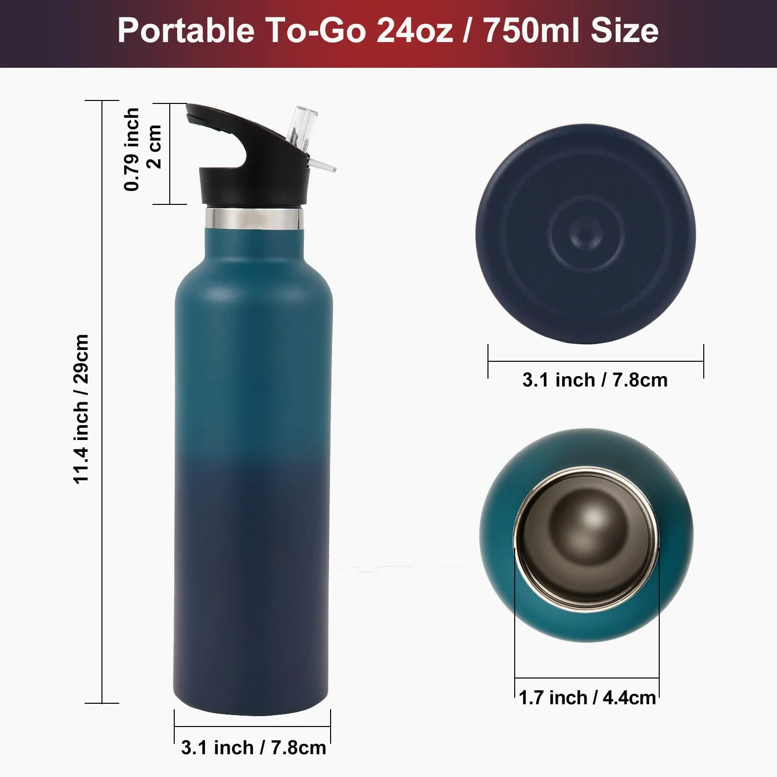 Volhoply Butelki na wodę ze stali nierdzewnej w gradientowym kolorze, 750 ml, izolowana próżniowo butelka podróżna z podwójną ścianką z szczelną pokrywką ze słomki, metalowa, wielokrotnego użytku