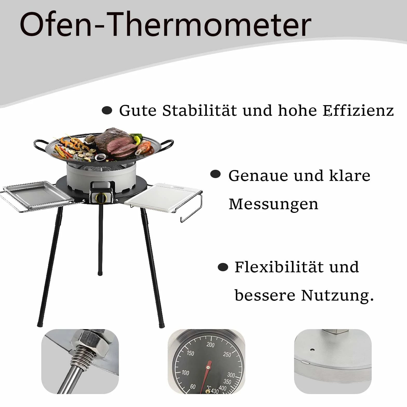 Termometr do grilla ze stali nierdzewnej, do grilla gazowego, 60-430°C, termometr grillowy, termometr do grilla, termometr piecowy, do wszystkich grillów na węgiel drzewny, pieca, pieca, pieca