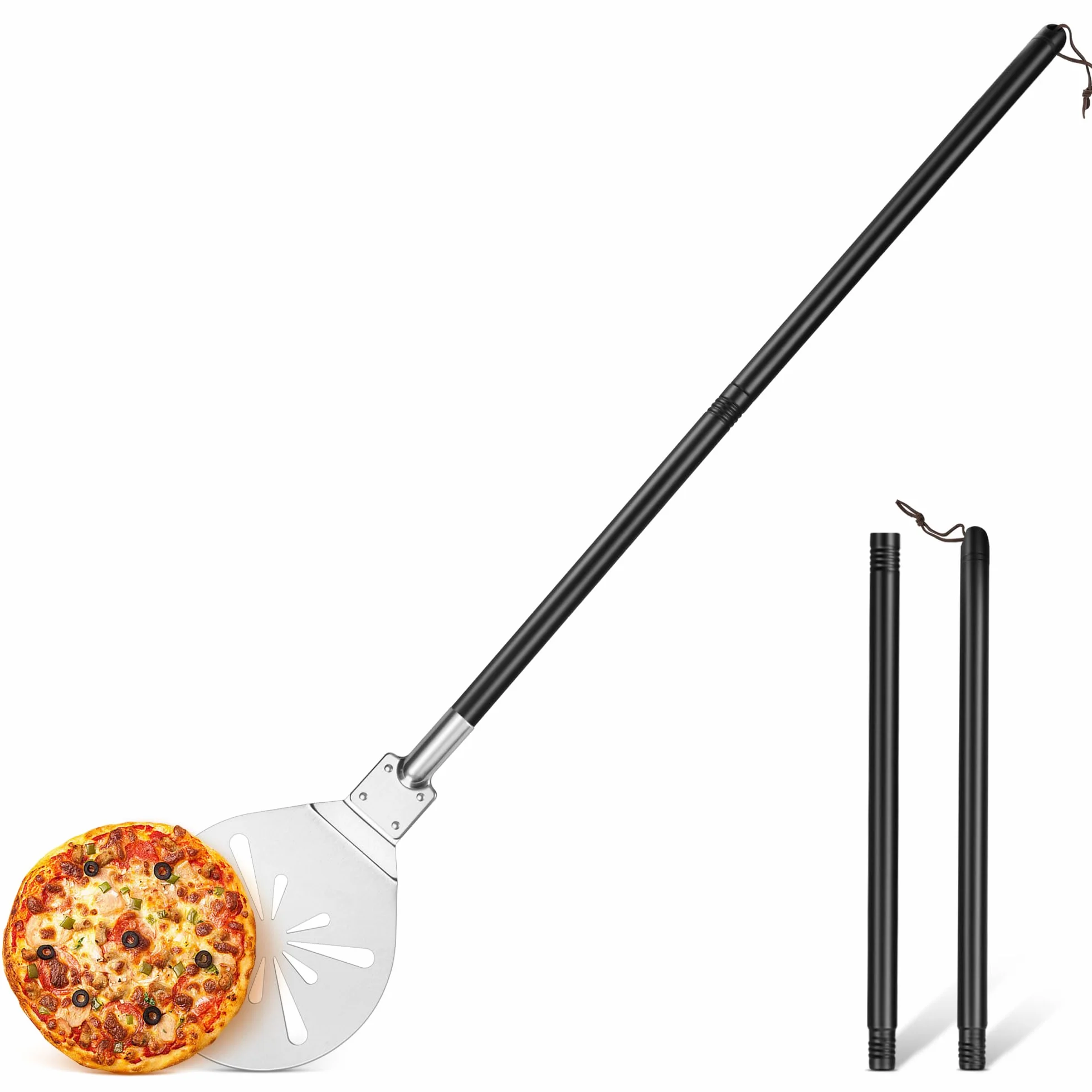 Onader Perforowana łopatka do pizzy, ze stali nierdzewnej, okrągła łopatka do pizzy, ze zdejmowanym metalowym uchwytem, do pizzy, chleba, ciasta, zdrowa i łatwa do czyszczenia – 17,8 x 30,7 x 112,5 cm