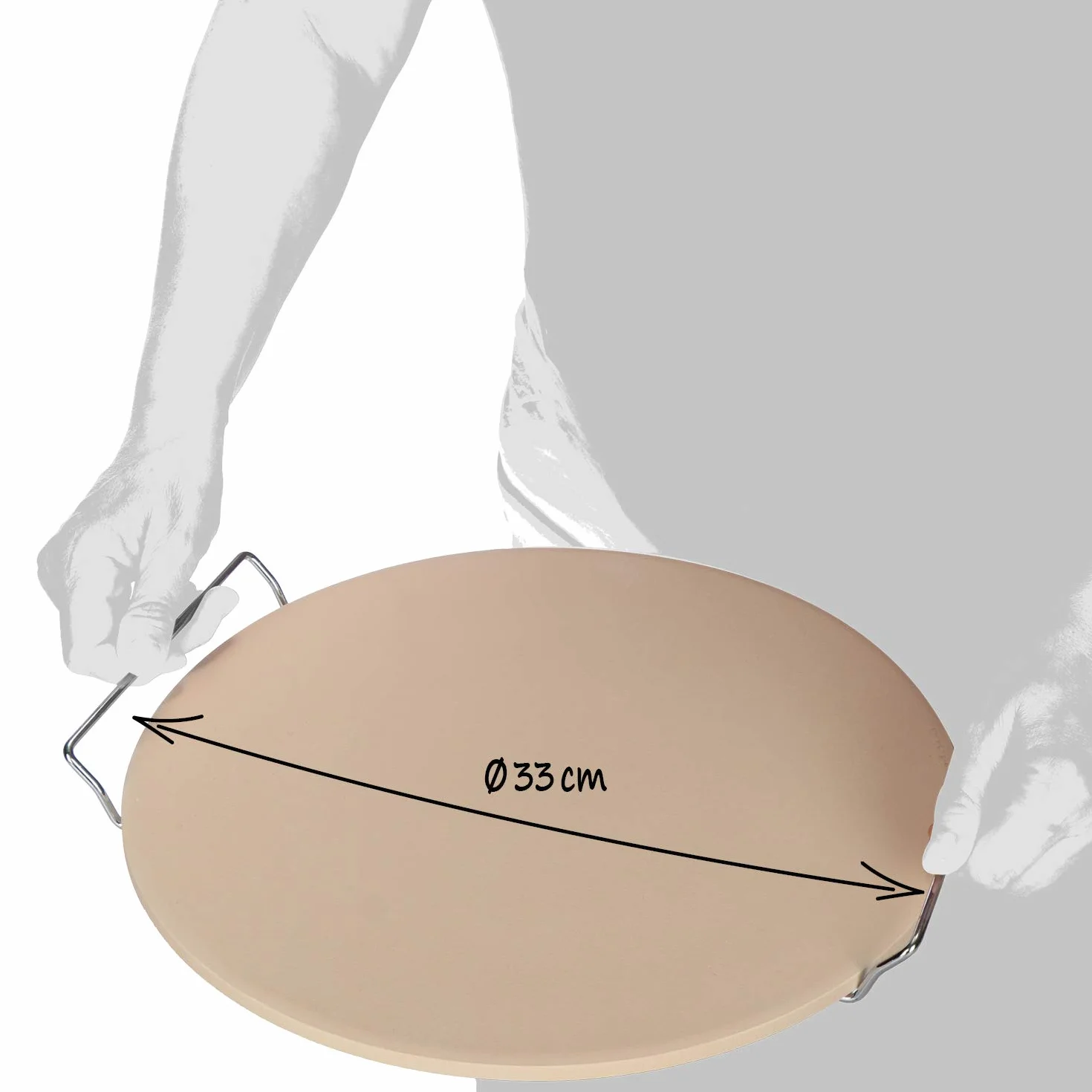 COM-FOUR® 33 cm kamienna plyta do pizzy z podnosnikiem do talerzy, pieczenie pizzy w piekarniku lub grillu, wrazenie pieca kamiennego, ogniotrwala szamot, metalowy uchwyt na talerze (Z podnosnikiem do talerzy)