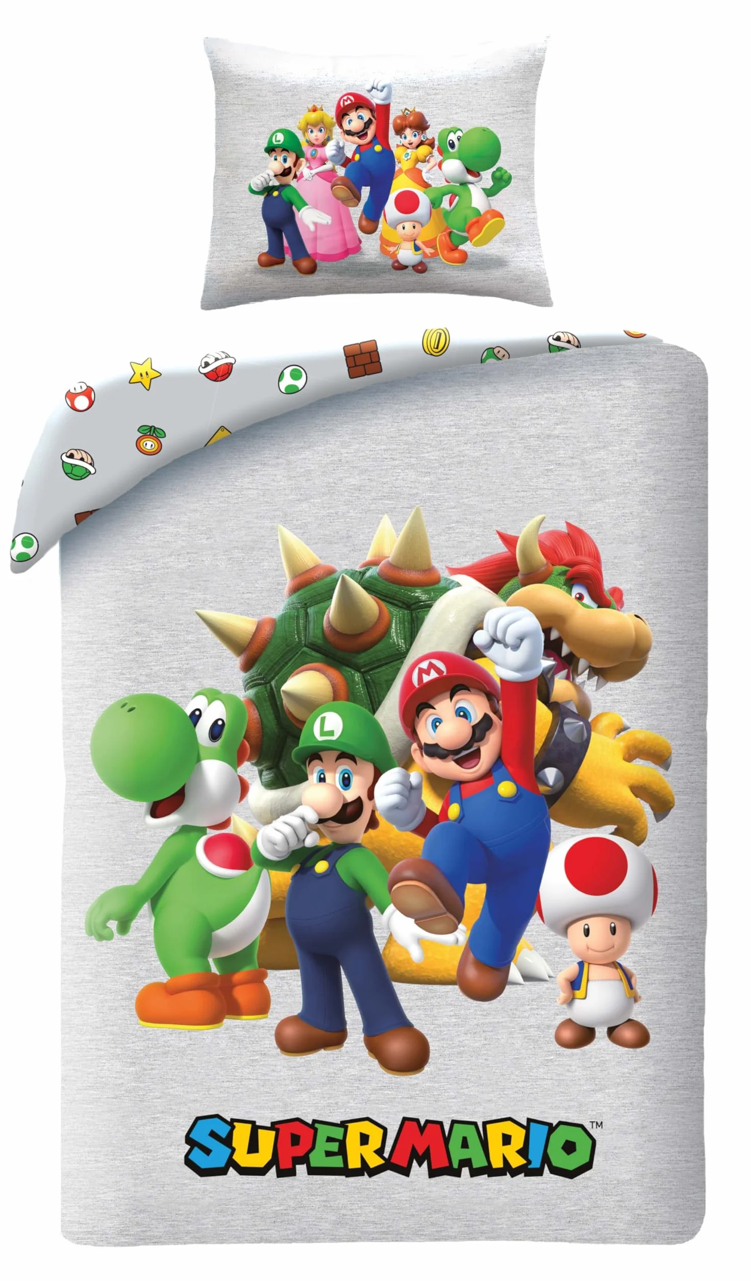 Pościel Super Mario 135 x 200 + 80 x 80 cm, z Mario, Luigi, Toad, Peach, Wario i Yoshi, 2-częściowy komplet pościeli dziecięcej + poszewka na poduszkę, rozmiar niemiecki, mikrofibra