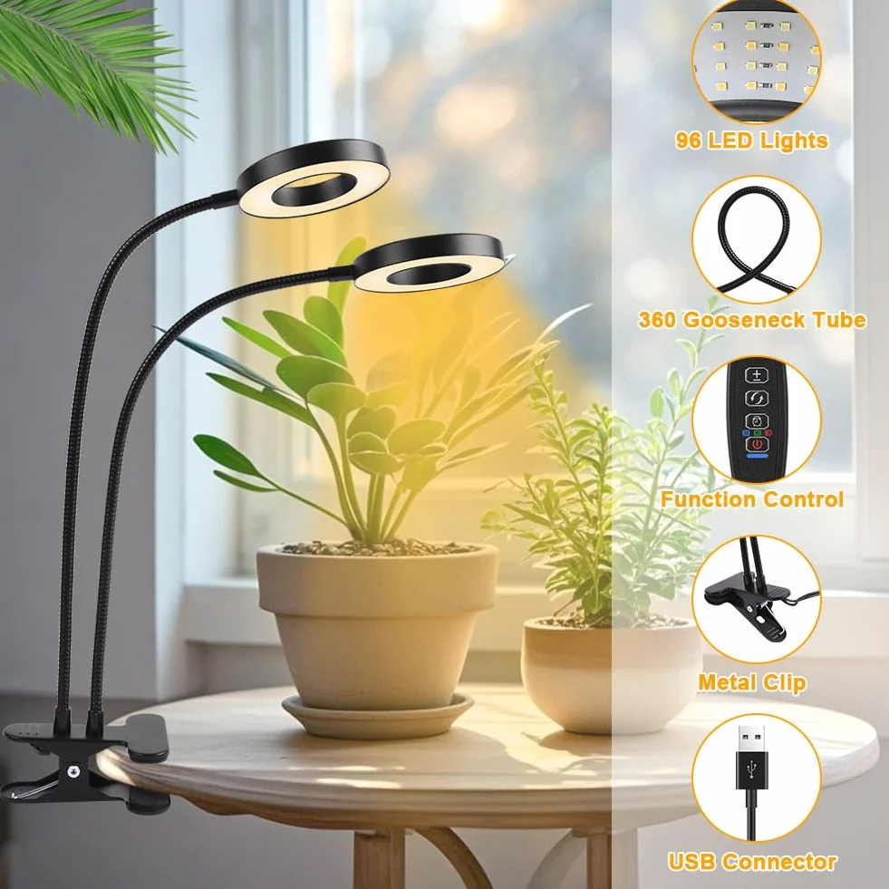Lampy do uprawy roślín, podwójna głowica 96 diod LED, z timerem i klipsem, 3 kolory, 360° uprawa, balkonów, szklarni
