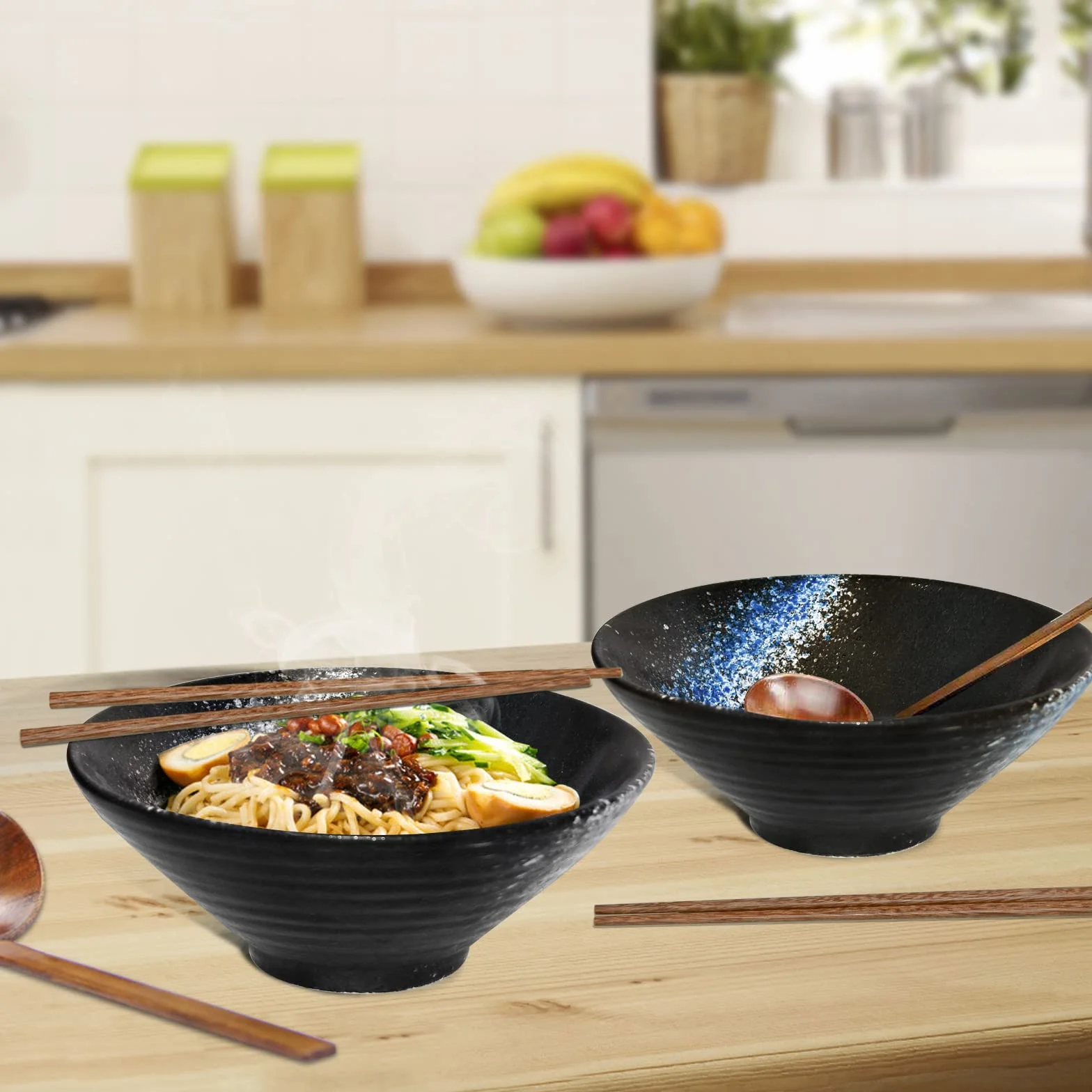 Ramen Bowl Ceramic, 2 zestawy (6 sztuk) Ramen Bowl z łyżkami i patyczkami, bezsaskową japońskie potrawy do ramen, sałatki, musli, 1000 ml, 20 x 20 x 9 cm
