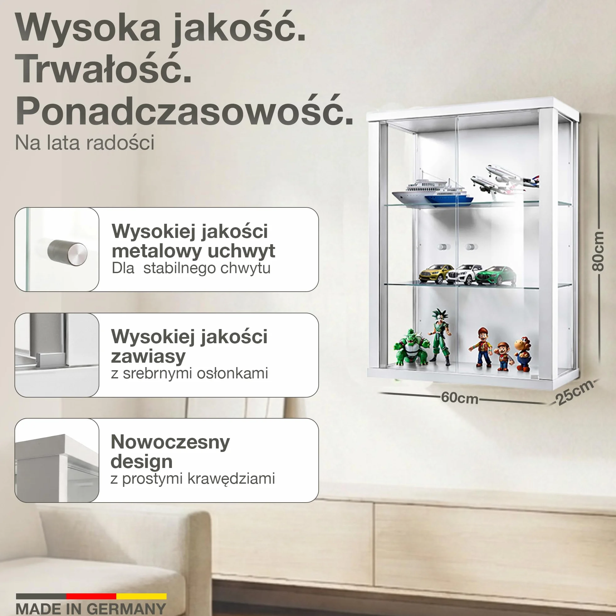 witryna wisząca szklana w kolorze białym (80x60x25 cm) z 2 regulowanymi półkami szklanymi - gablota na modele samochodów biała - szafka gablota biała - witryna kolekcjonerska