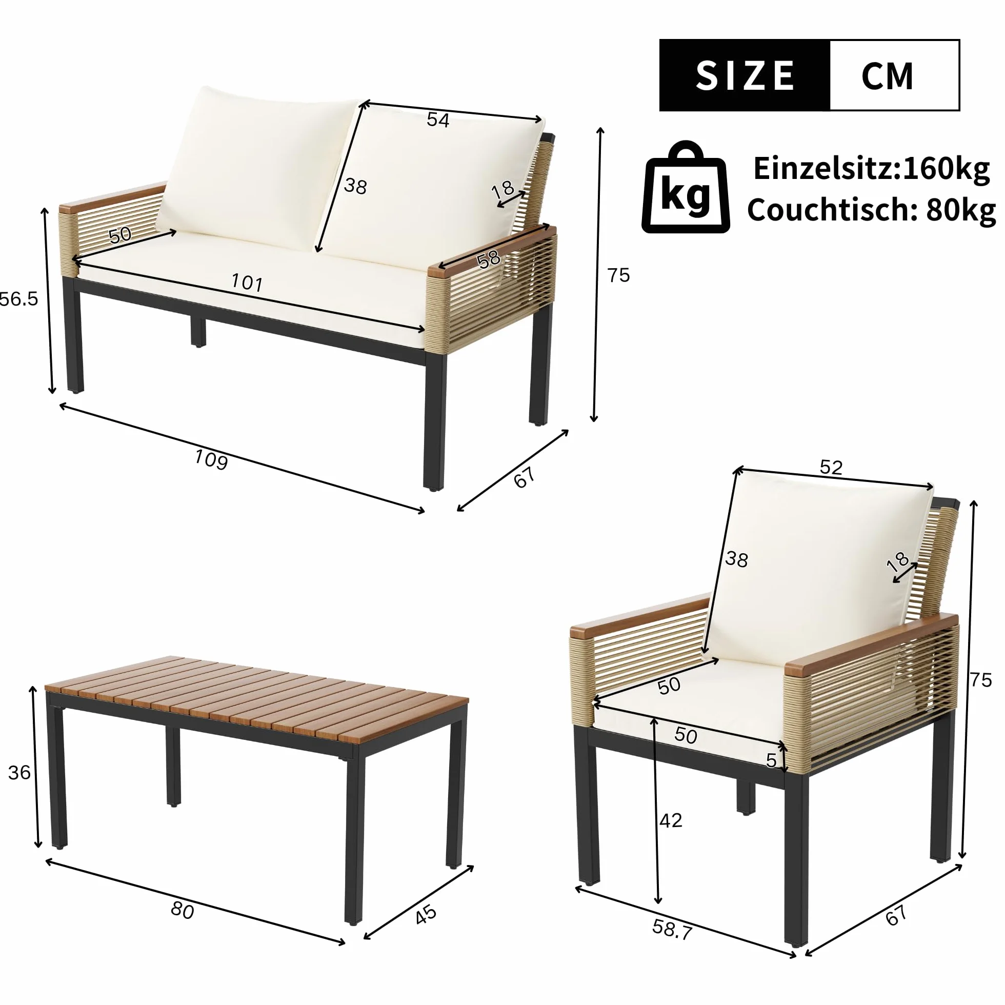 Zestaw mebli ogrodowych z wygodną poduszką, podwójna sofa, 2 fotele i stół, do użytku na zewnątrz, rattan, stół i krzesła (beżowy)