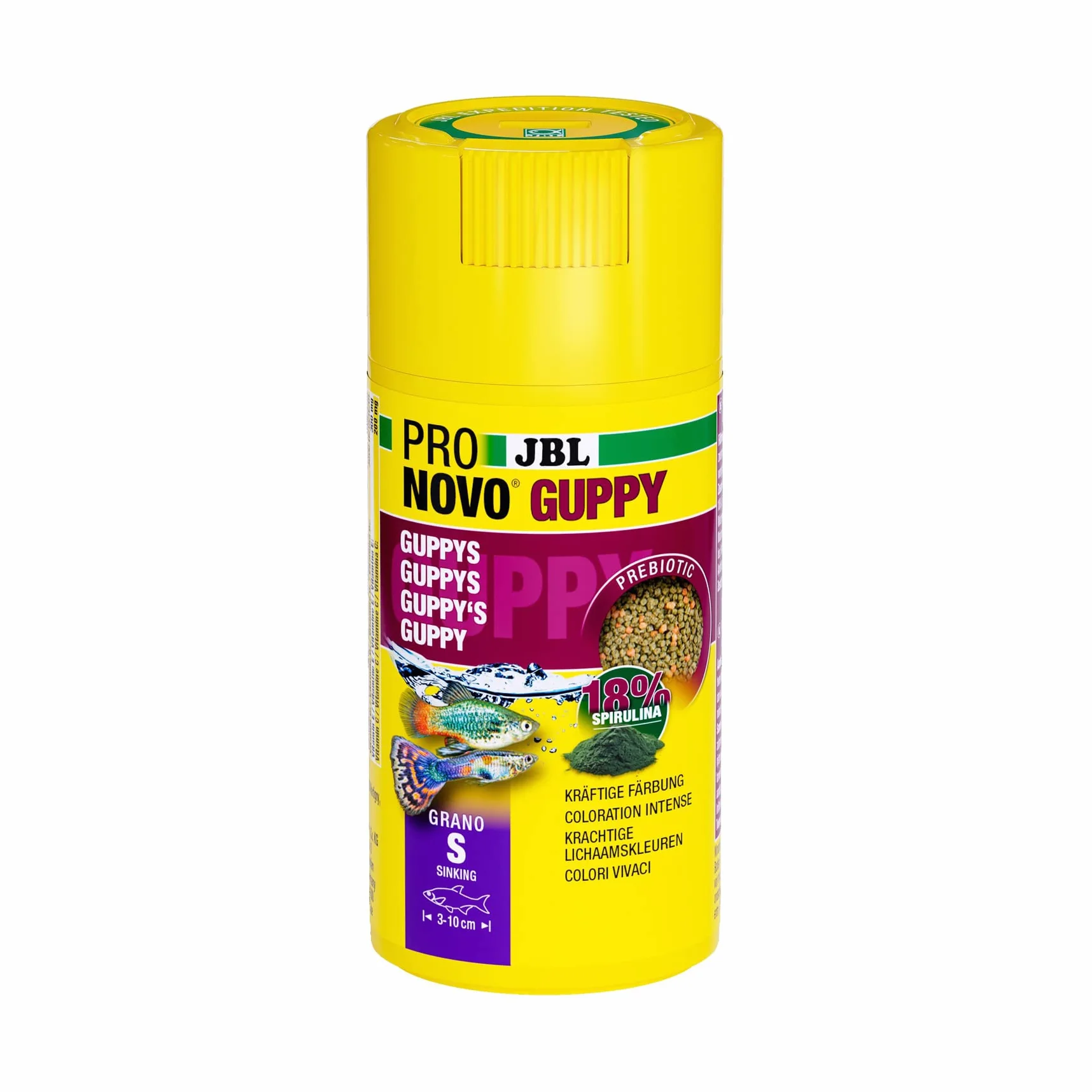 JBL PRONOVO GUPPY GRANO, podstawowa karma dla szczeniaków i innych jajoworodnych ryb 3-10 cm, granulat rybny, dozownik na kliknięcie, rozmiar S, 100 ml