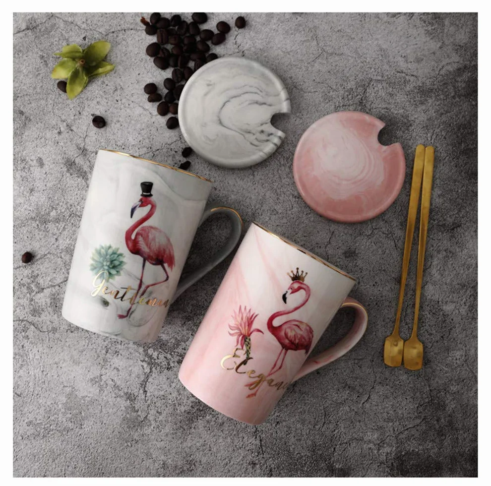 Kubek flamingowy kubek do kawy herbaty ceramiczny porcelanowy kubek z łyżką i pokrywką (flaming różowy, 400 ml)
