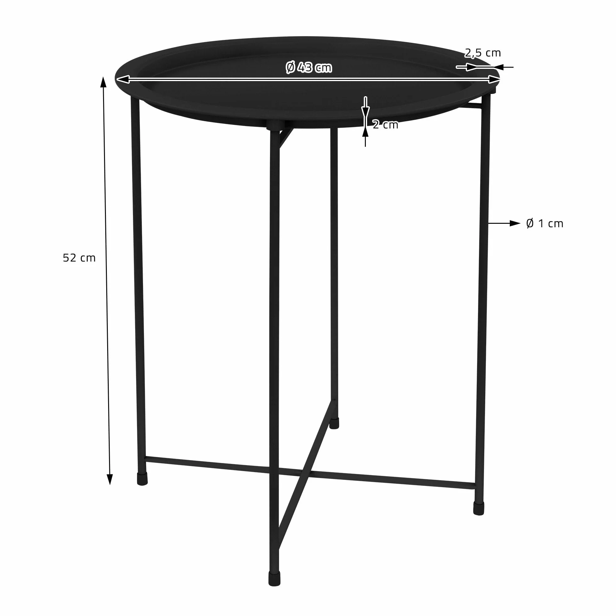 ML-Design Stolik boczny okragly Ø43xH52 cm wykonany z metalu, czarny, stolik kawowy z wyjmowana taca, skladany, stabilny, stolik do salonu stolik kawowy stolik nocny stolik ogrodowy