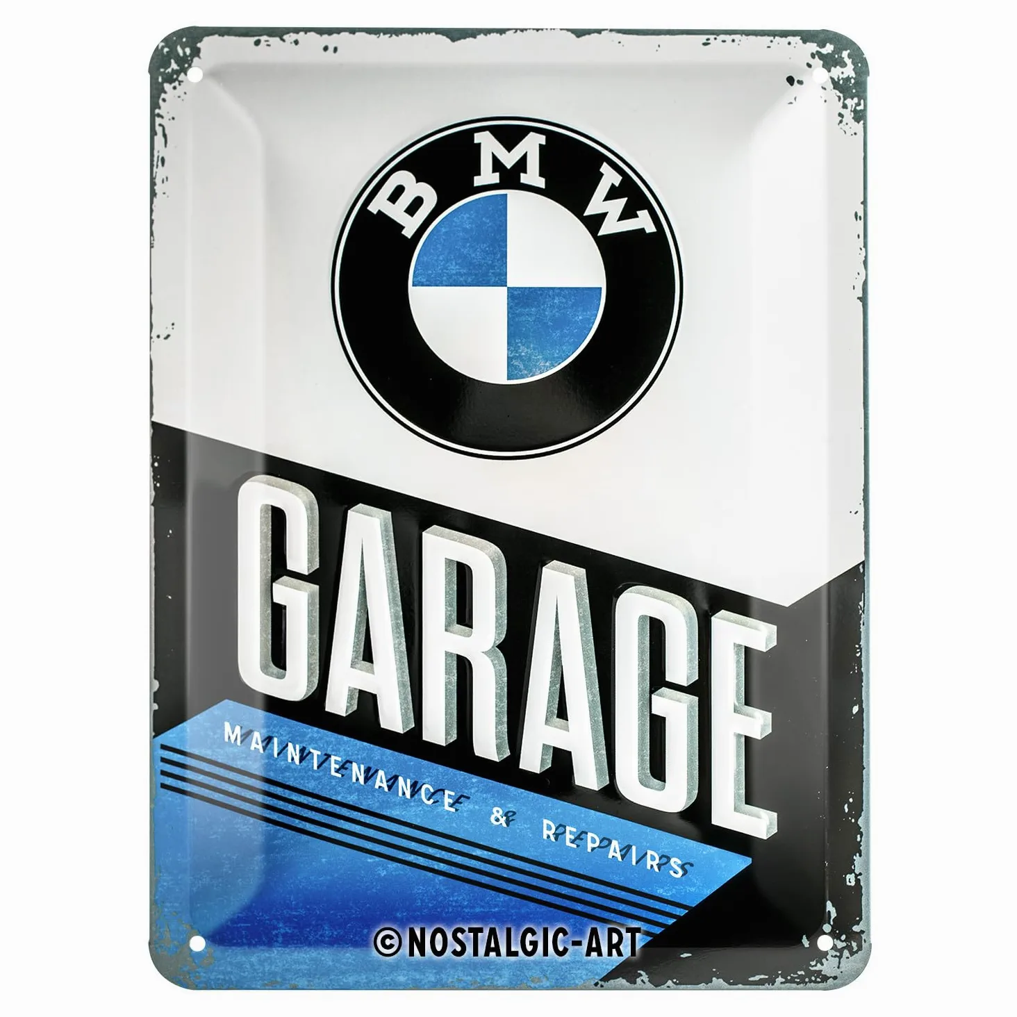 Nostalgic-Art Retro tabliczka z blachy, 15 x 20 cm, BMW – Garage – Pomysł na prezent dla miłośników BMW, Official License Product (OLP), z metalu, Styl vintage