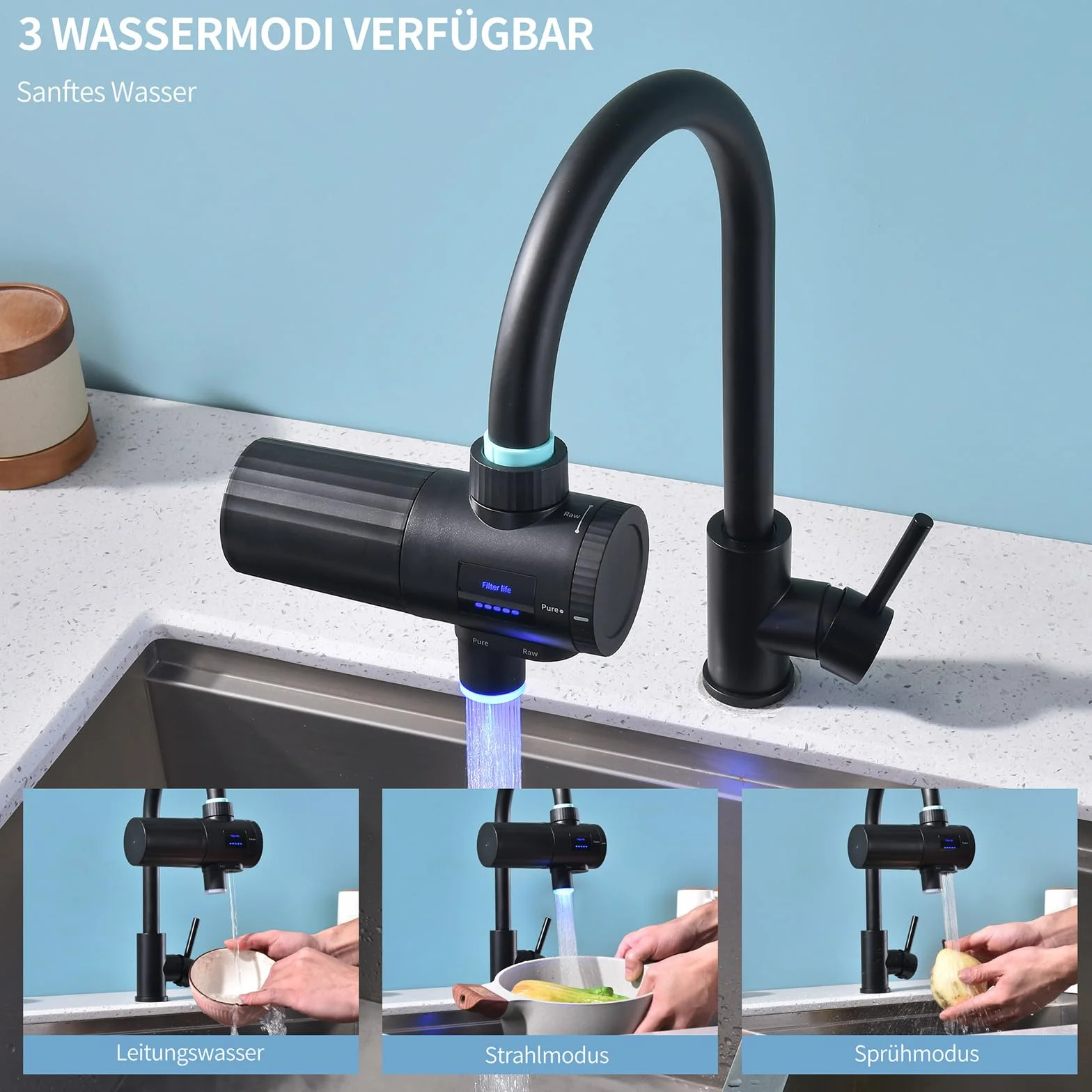 HOMELODY Filtr do wody pitnej do kuchni, usuwa chlor, metale ciężkie i kamień, poprawia smak, 12 x adapter, niebieskie światło i 1 filtr w zestawie, filtr wody kran 3.0 z wyświetlaczem LED