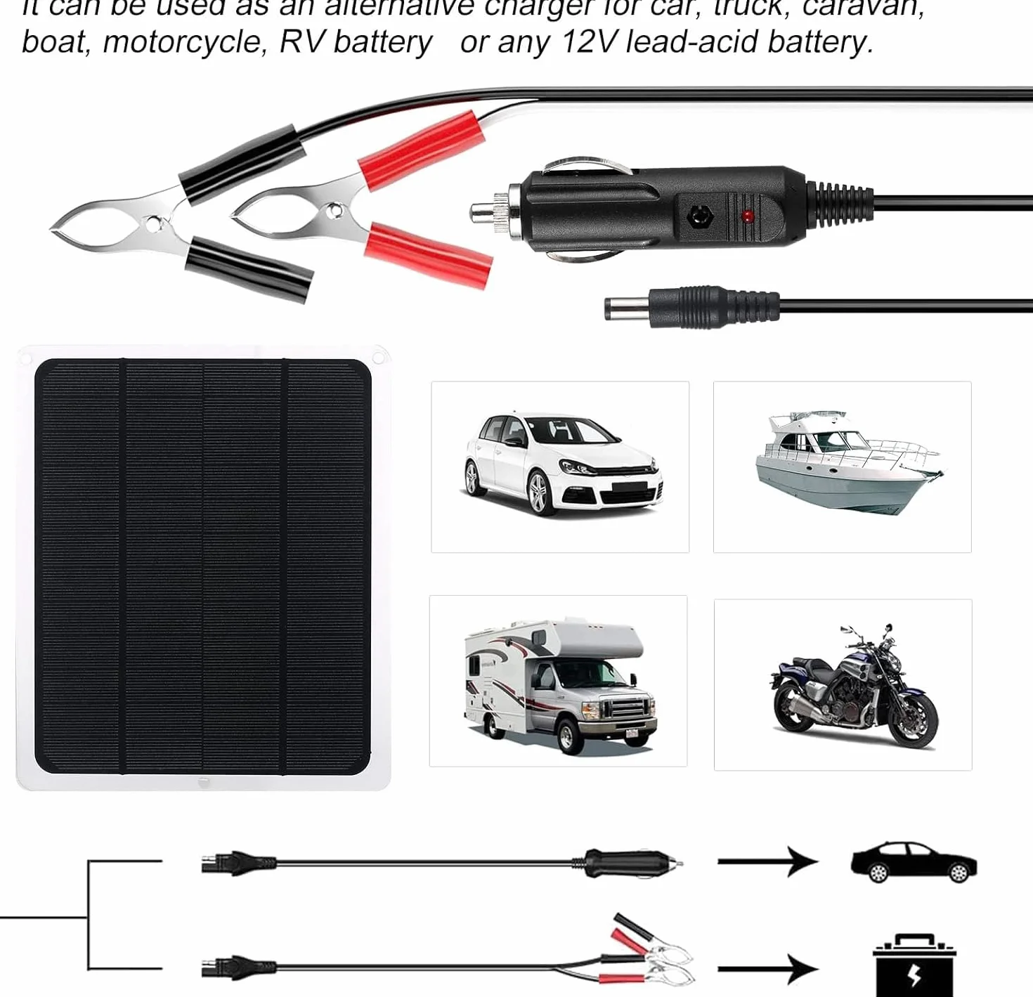Przenośny zestaw do ładowania paneli słonecznych, ładowarka samochodowa 20 W, 12 V, ładowarka samochodowa z panelem słonecznym, ładowarka solarna z zapalniczką do samochodu, łodzi, kampera,