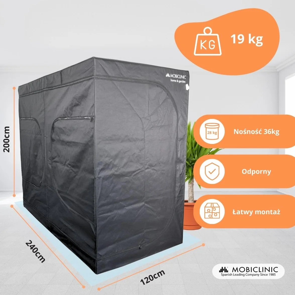 Mobiclinic®, Namiot do uprawy wewnętrznej, 240x120x200cm, Growbox, Premium mylar 97% odblaskowy, Hydroponiczny, Wodoodporny, Zdejmowane dno, Gruba, Tkanina nylonowa, Solidna konstrukcja, Grow tent