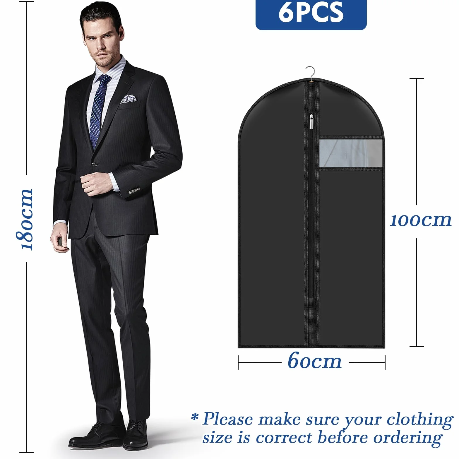 6 sztuk pyłoszczelne pokrowce na ubrania 60 x 100 cm, pokrowce na ubrania z przezroczystym oknem, pyłoszczelny uchwyt na ubrania z zamkiem błyskawicznym, do smokingu do przechowywania garniturów