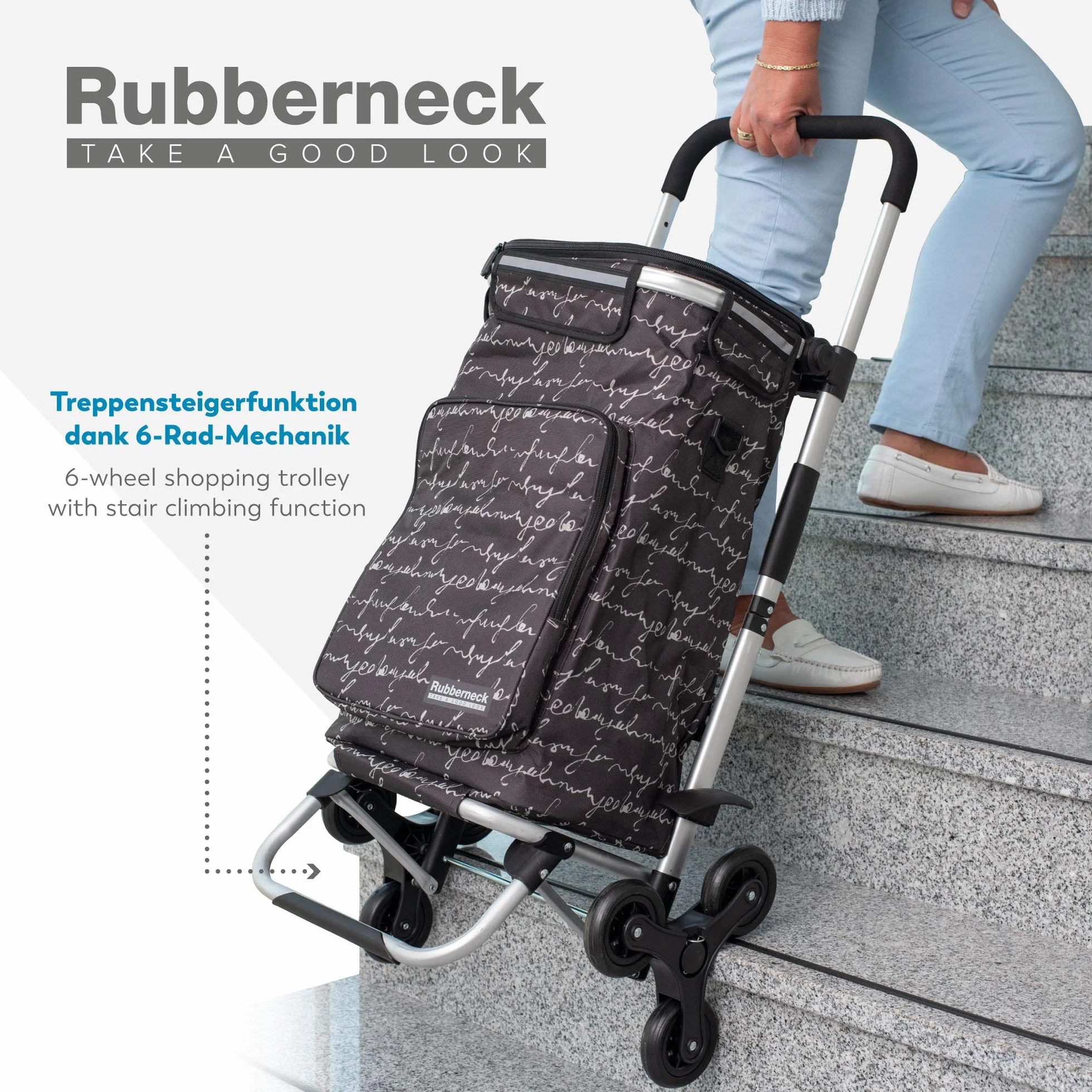 Rubberneck Wózek na zakupy z systemem 3 x 3 kół składany lekki z odpinaną torbą i izolowaną kieszenią