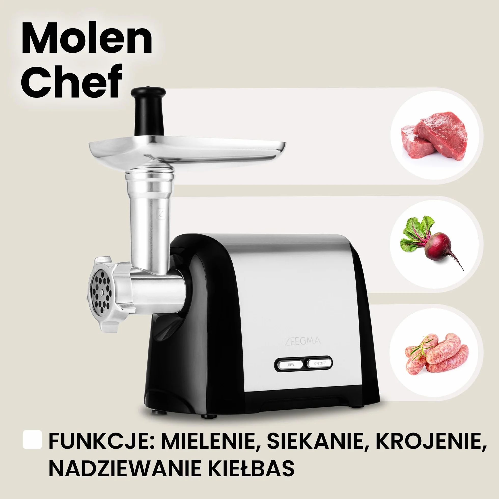 ZEEGMA Molen Chef maszynka do mielenia mięsa, moc 1900W, metalowa taca i obudowa, wydajność 1,8kg/min, 3 dyski, nakładka kebbe, szatkownica warzyw, pojemnik na akcesoria, trzy bębny tnące (Srebrny)