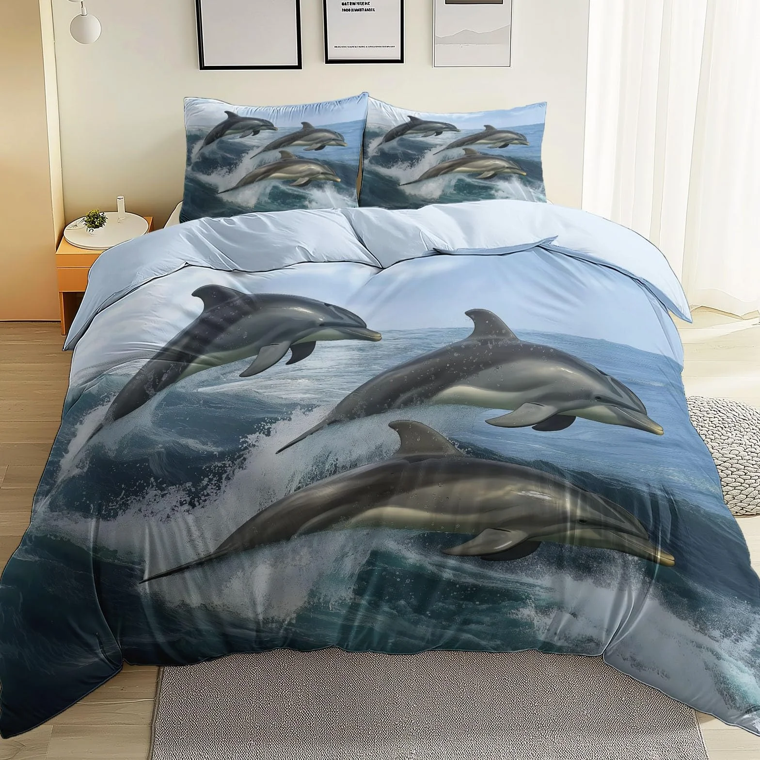 Poszwa na kołdrę ze zwierzęciem Delfin Elegancki nadruk z nadrukiem, jasnoniebieski zestaw pościeli z mikrofibry z 2 poszewkami na poduszki, poszwa na kołdrę 240x260 cm dla dzieci młodzież i dorośli