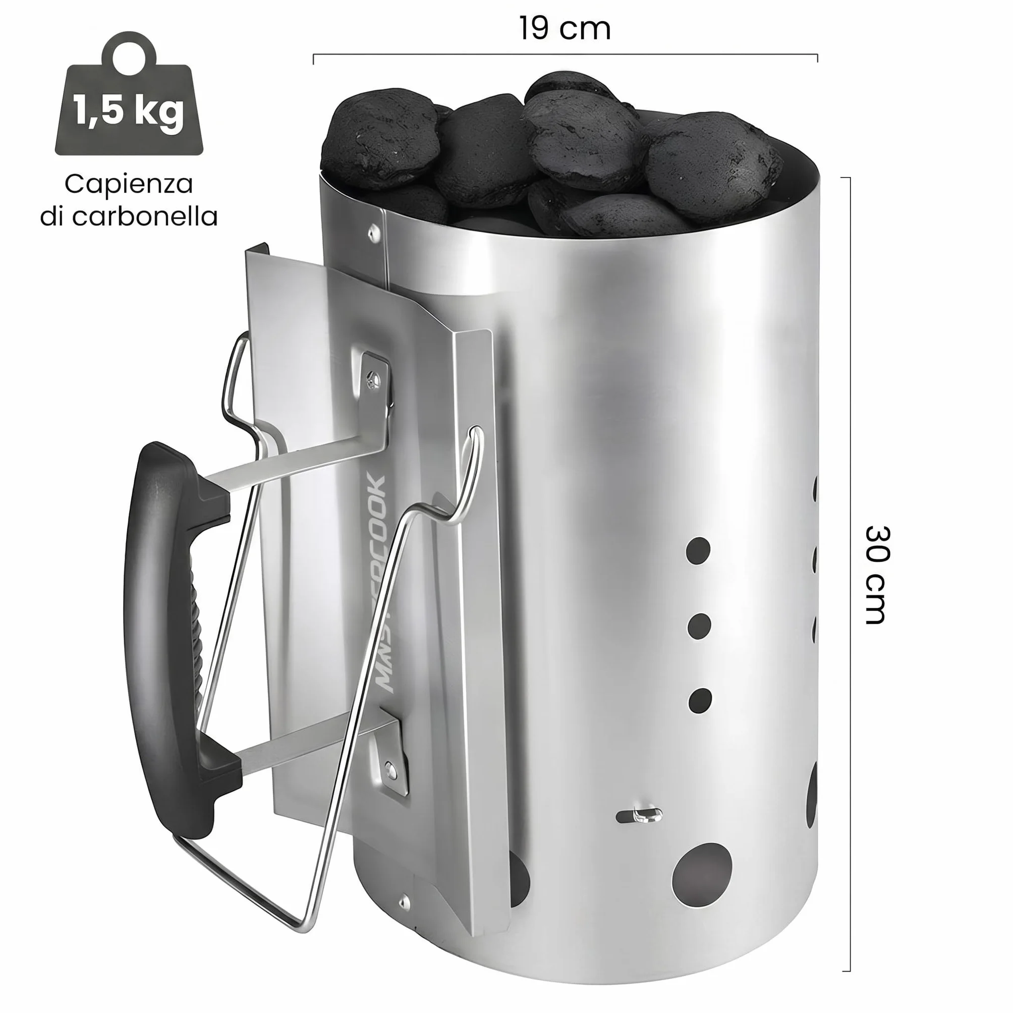 MasterCook zapalnik do grilla z aluminiowym uchwytem bezpieczeństwa zapalić węgiel drzewny grill średnica 19 cm i wysokość 30 Cm, pojemność ponad 1,5 kg