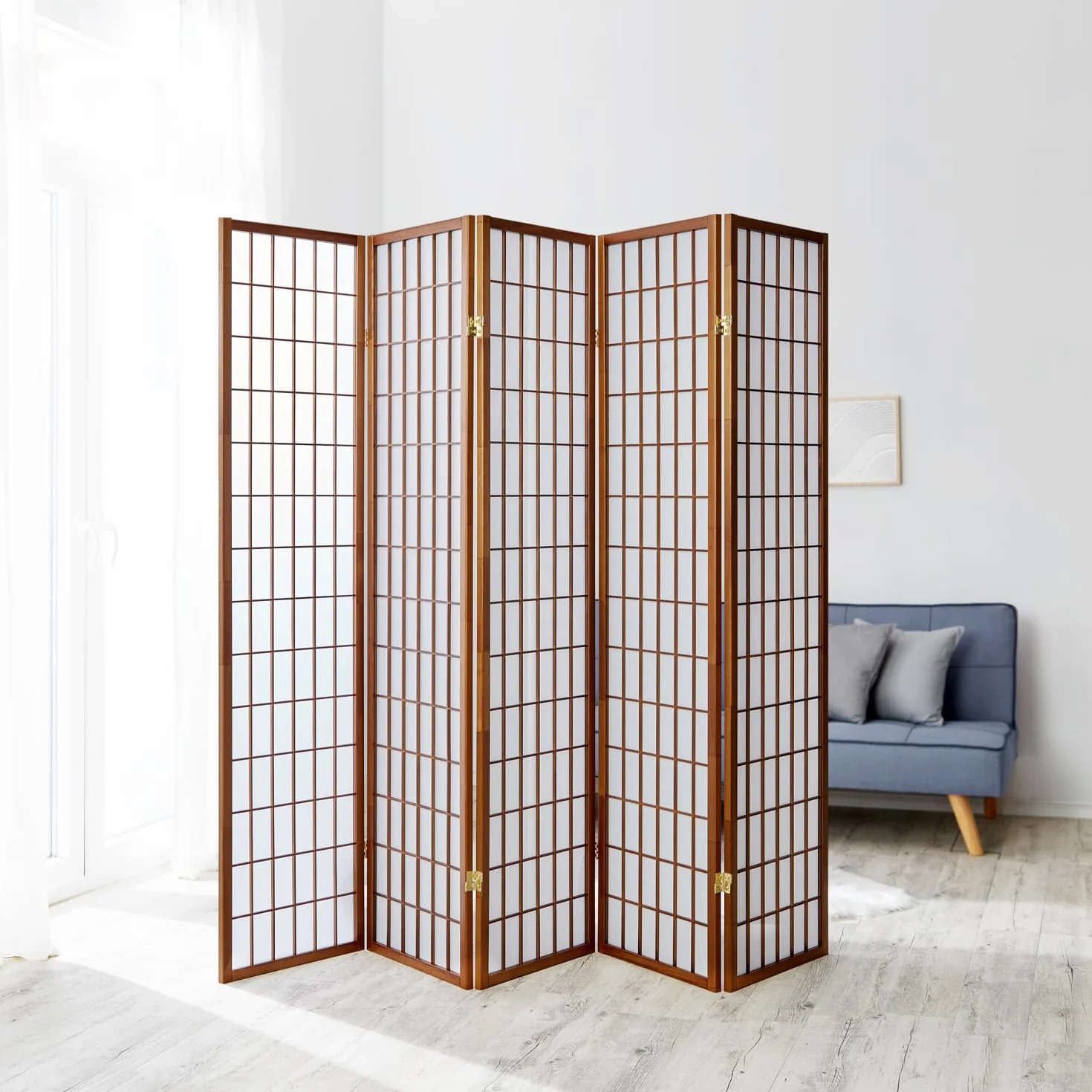 Homestyle4u 165, Parawan 5-Częściowy, Drewno Brązowe, Ochrona Przed Wzrokiem, Papier Ryżowy, Biały, Wysokość 175 cm