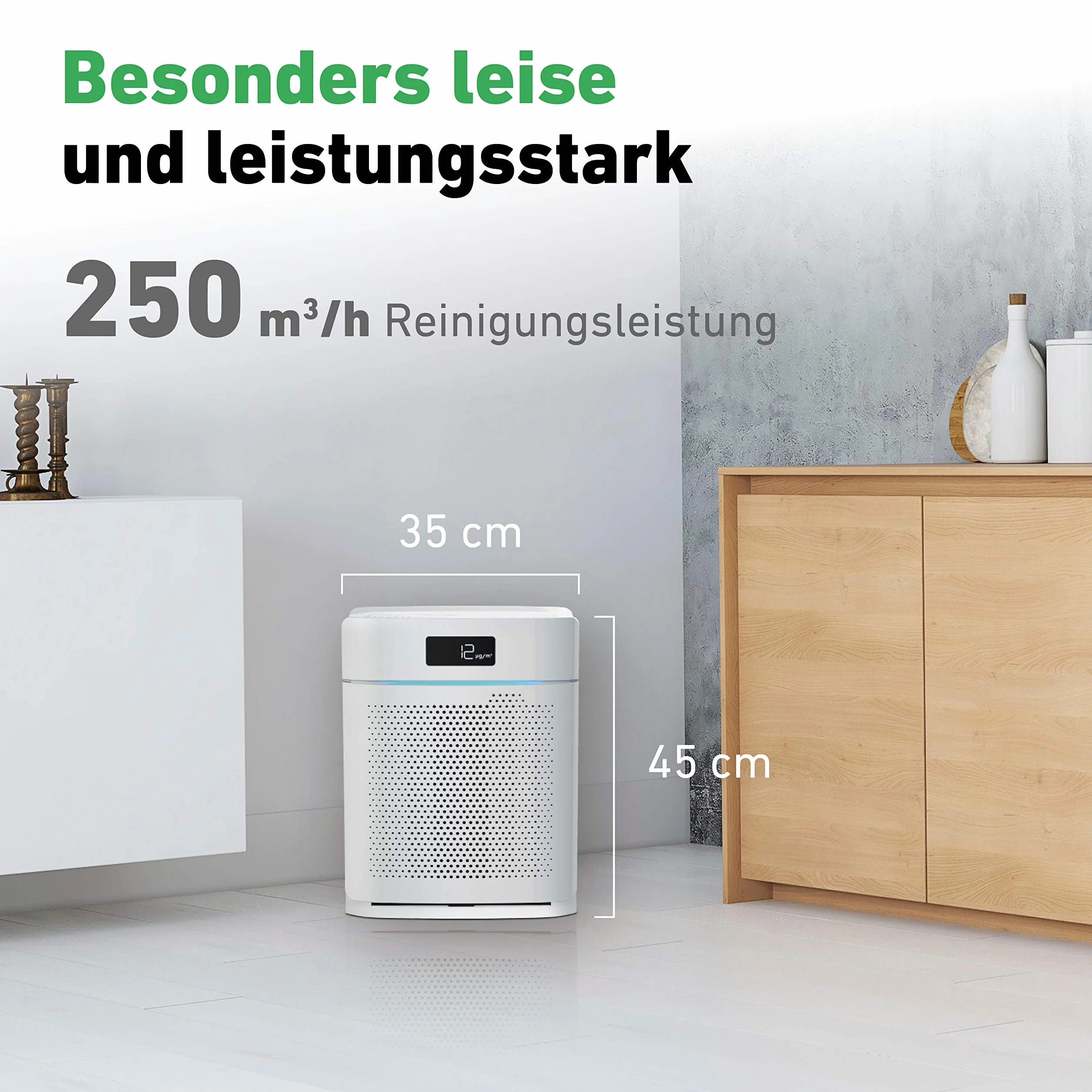 IDEAL - Oczyszczacz powietrza AP25 do 35 m² z filtrem HEPA i filtrem z węglem aktywnym, CADR 250 m³/h przeciwko drobnemu pyłowi, pyłkom, alergenom, bakteriom, dymowi papierosowemu, spalinom – filtr powietrza idealny do domu