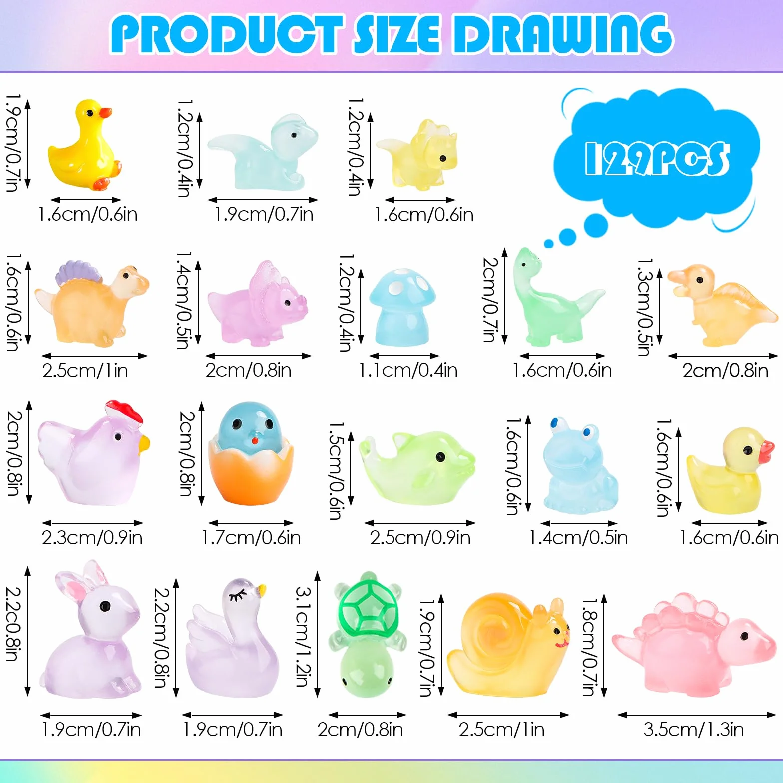 Byffoer Miniaturowe zwierzątka z żywicy, 129 sztuk, świecące miniaturowe figurki, świecące kaczki, świecąca żywica syntetyczna, do ogrodu, krajobrazu, ornament, dekoracja DIY
