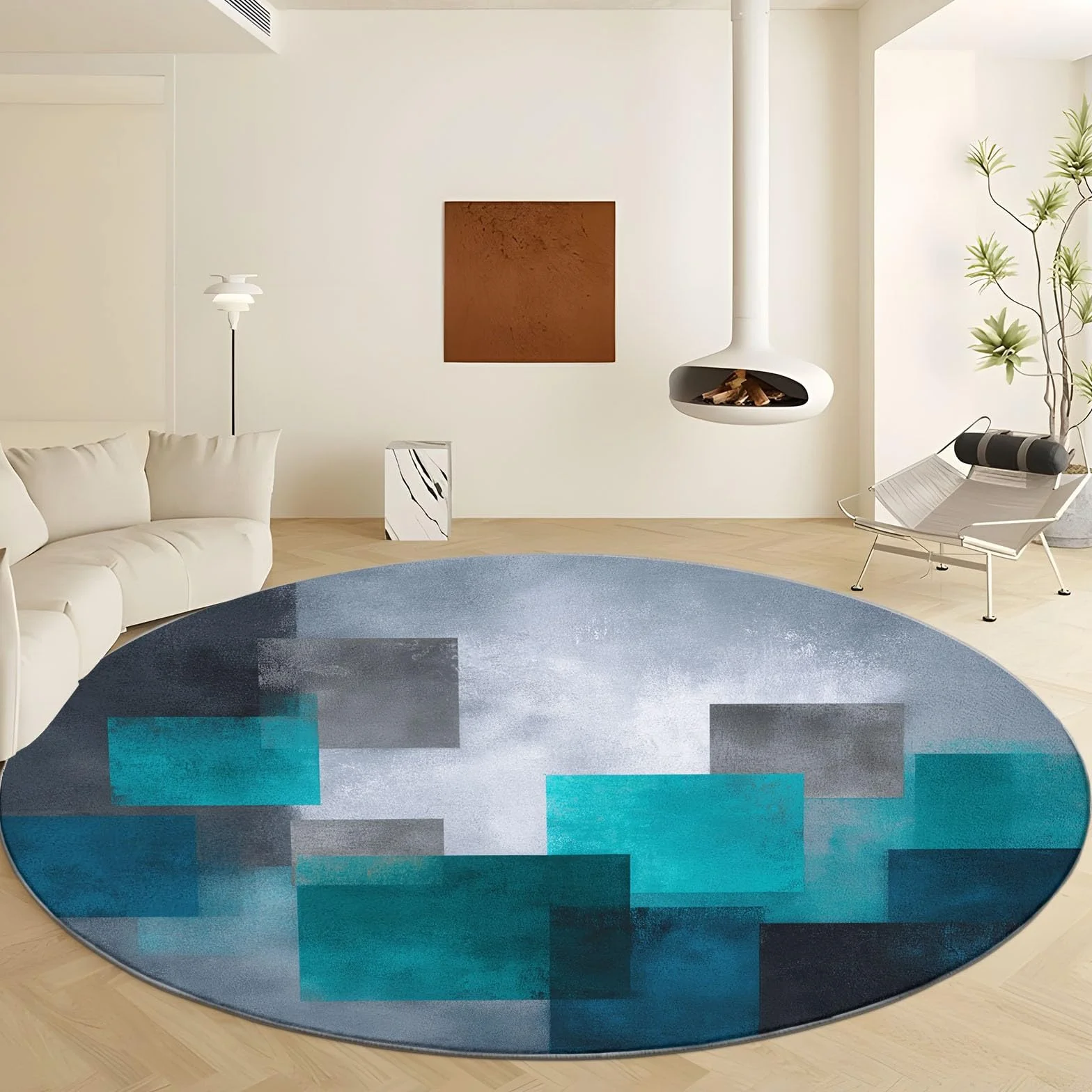 Okrągły dywan do salonu nadający się do prania 150 cm sztuka abstrakcyjna, dywan do sypialni geometria retro miękkie klocki - sypialnia krótkie włosie salon sypialnia jadalnia lub akademik rodzinny